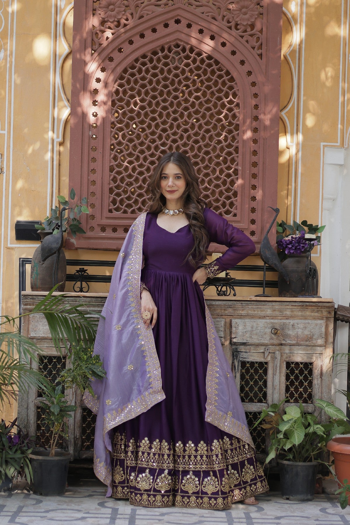Purple Georgette Embroidered Wedding Gown With Dupatta