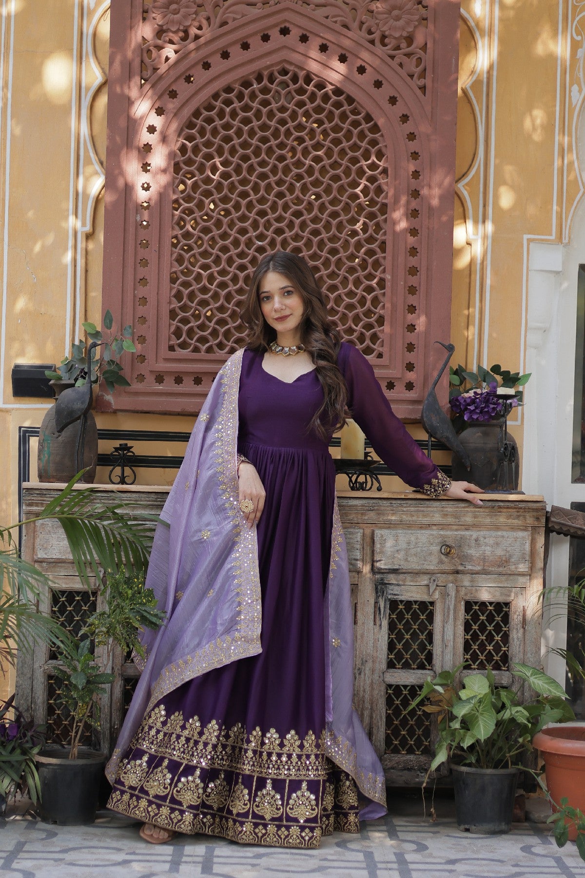 Purple Georgette Embroidered Wedding Gown With Dupatta