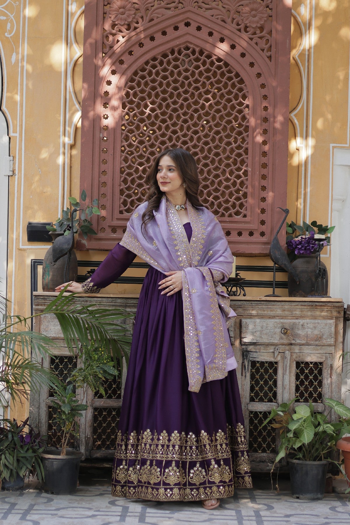 Purple Georgette Embroidered Wedding Gown With Dupatta