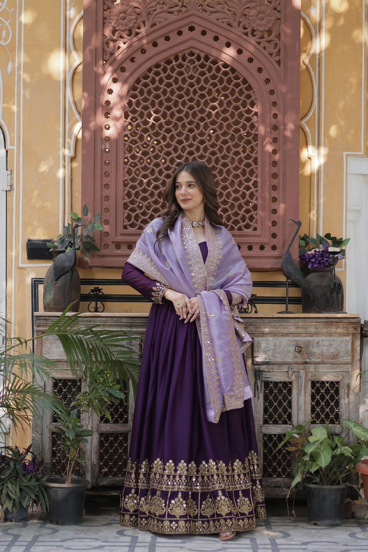 Purple Georgette Embroidered Wedding Gown With Dupatta