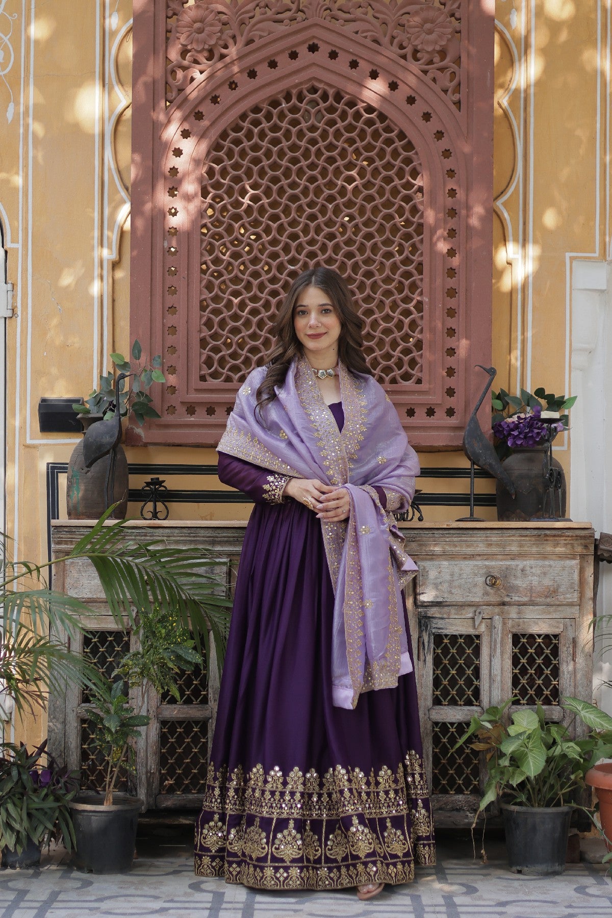 Purple Georgette Embroidered Wedding Gown With Dupatta