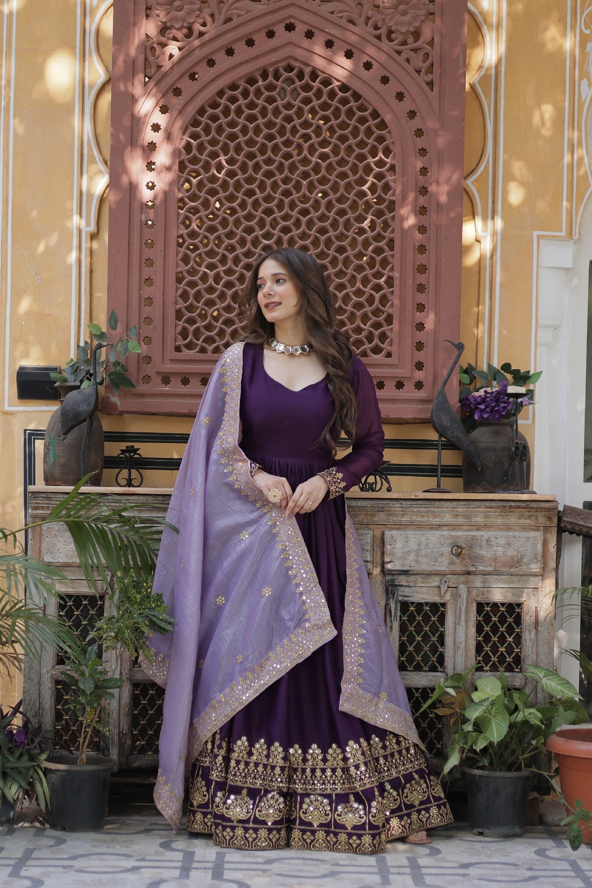 Purple Georgette Embroidered Wedding Gown With Dupatta