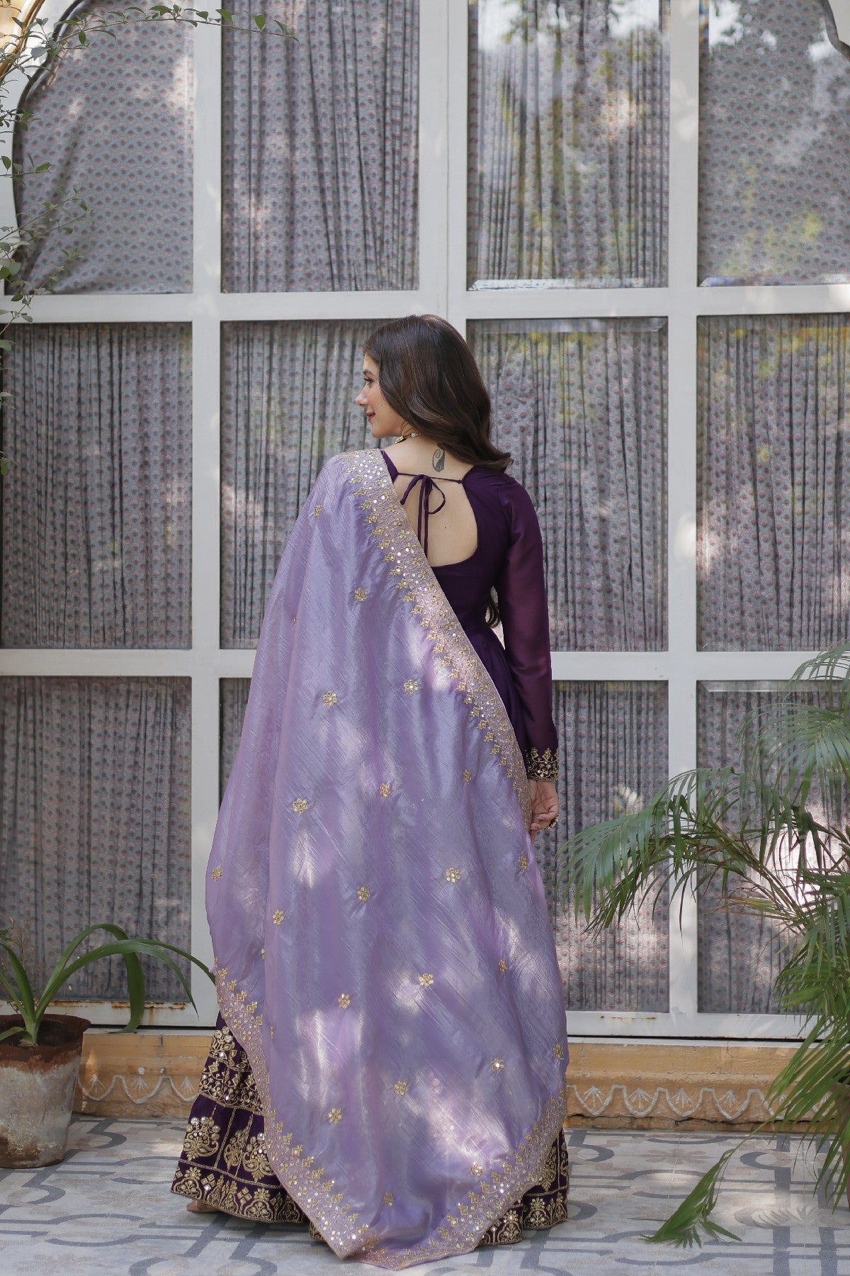 Purple Georgette Embroidered Wedding Gown With Dupatta