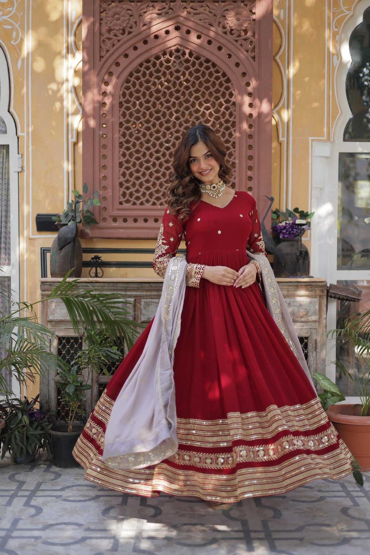 Red Georgette Zari Embroidered Festival Wear Gown