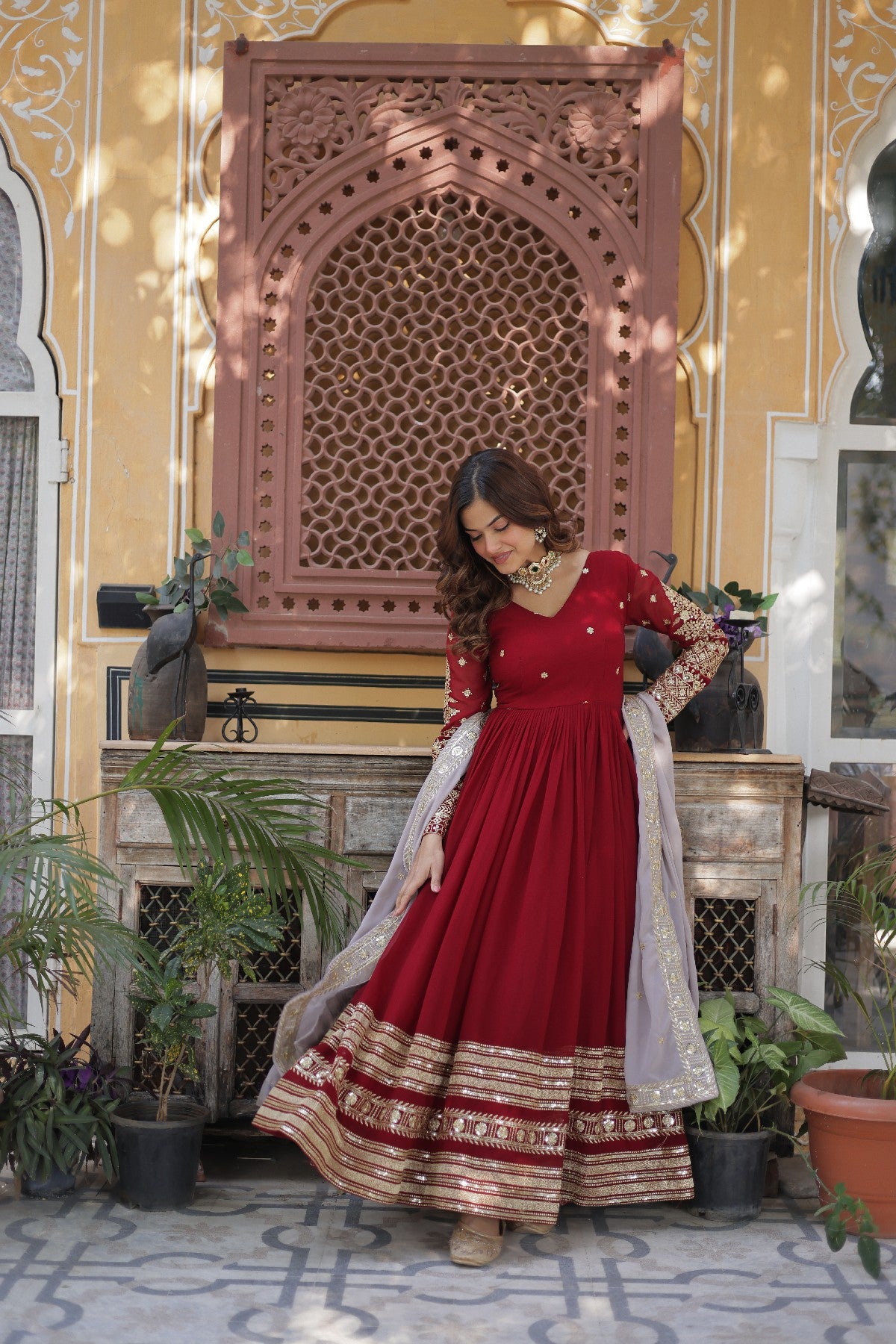 Red Georgette Zari Embroidered Festival Wear Gown