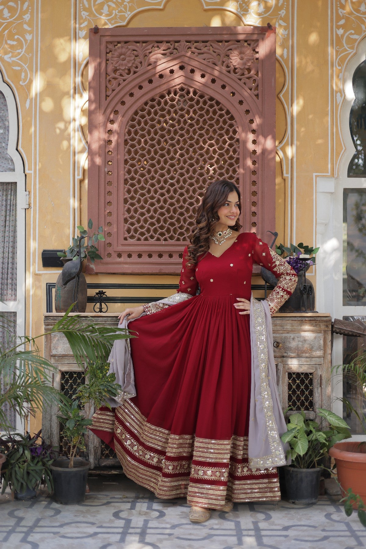 Red Georgette Zari Embroidered Festival Wear Gown