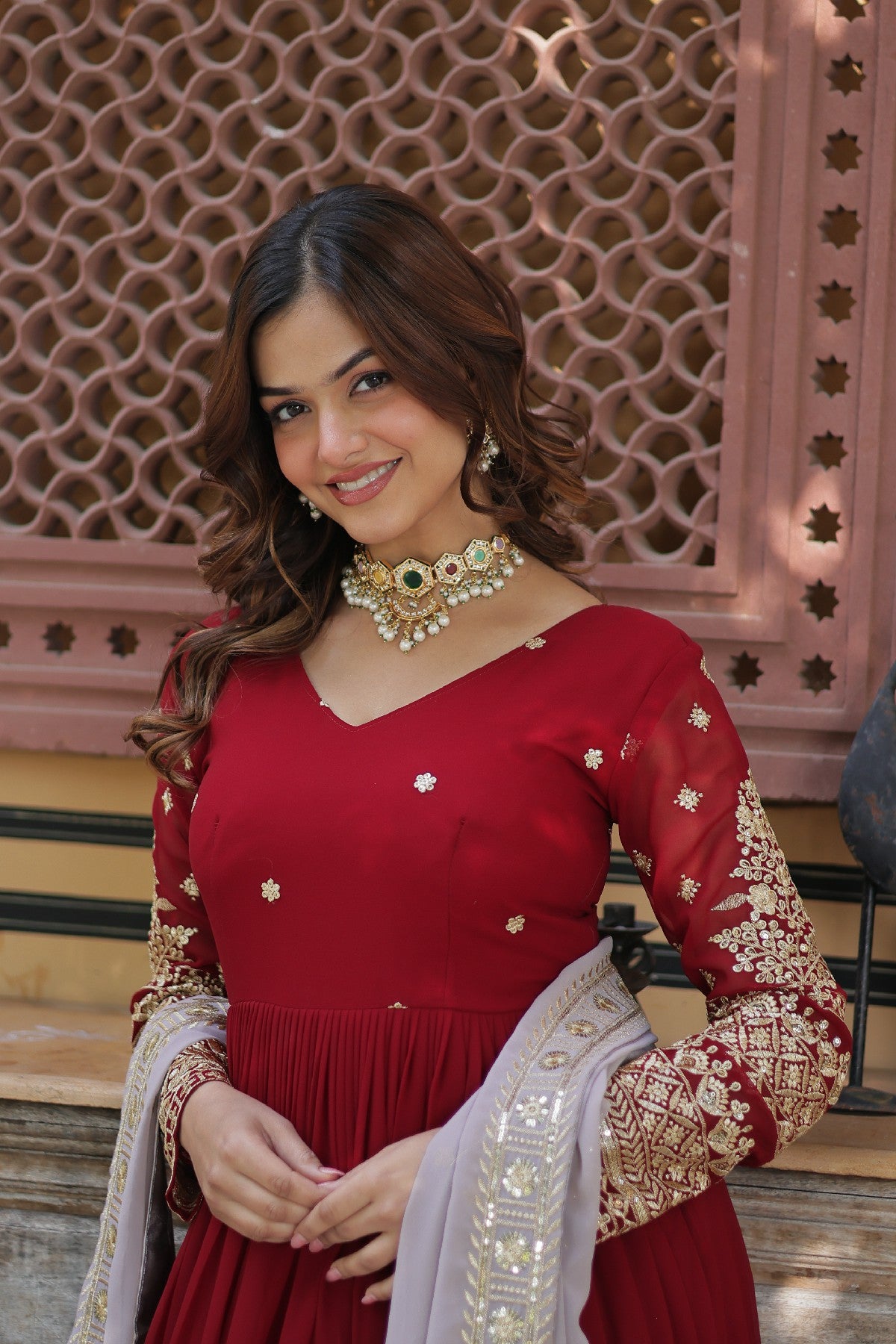 Red Georgette Zari Embroidered Festival Wear Gown