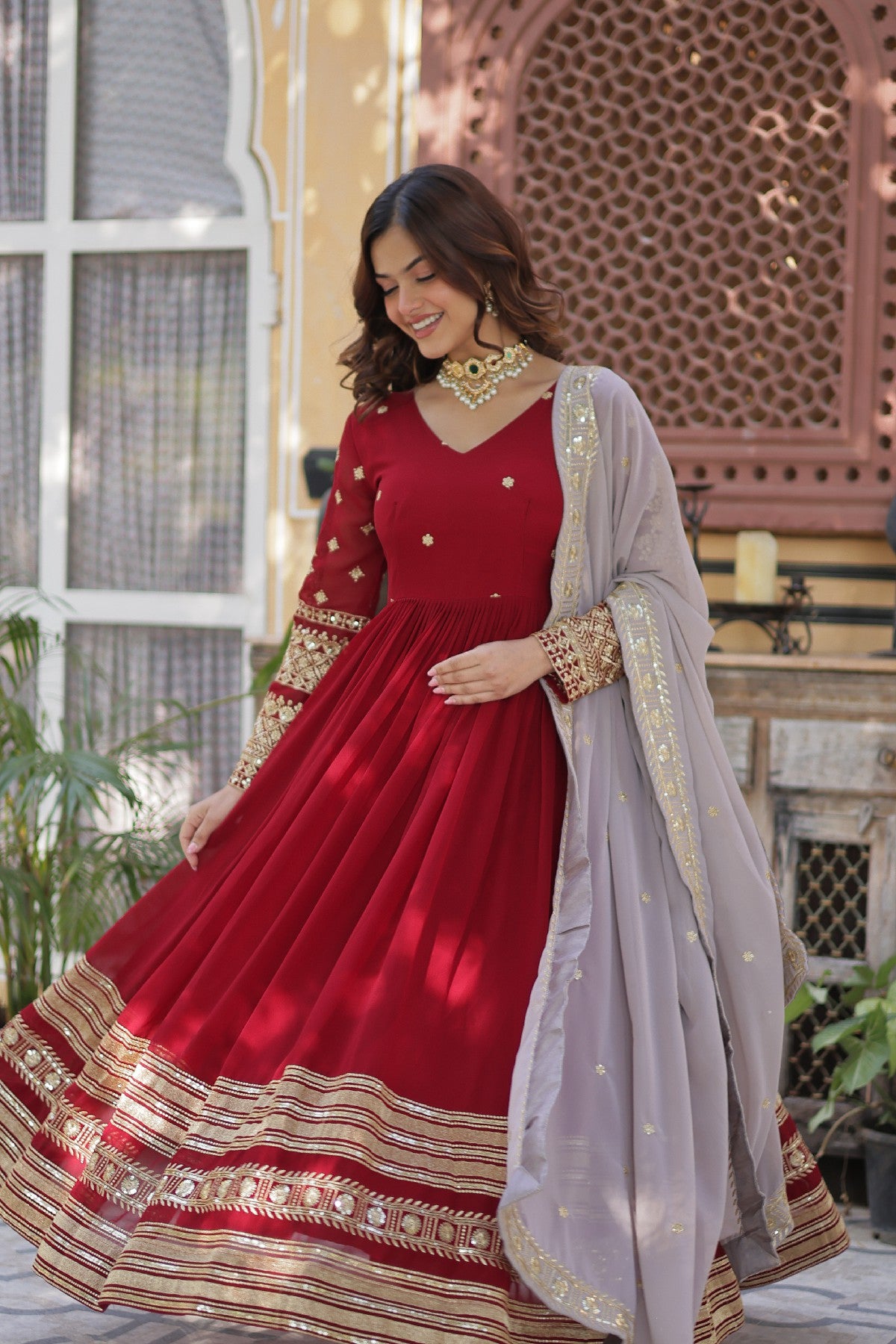 Red Georgette Zari Embroidered Festival Wear Gown