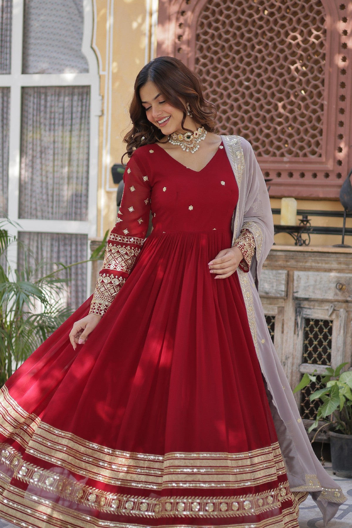Red Georgette Zari Embroidered Festival Wear Gown