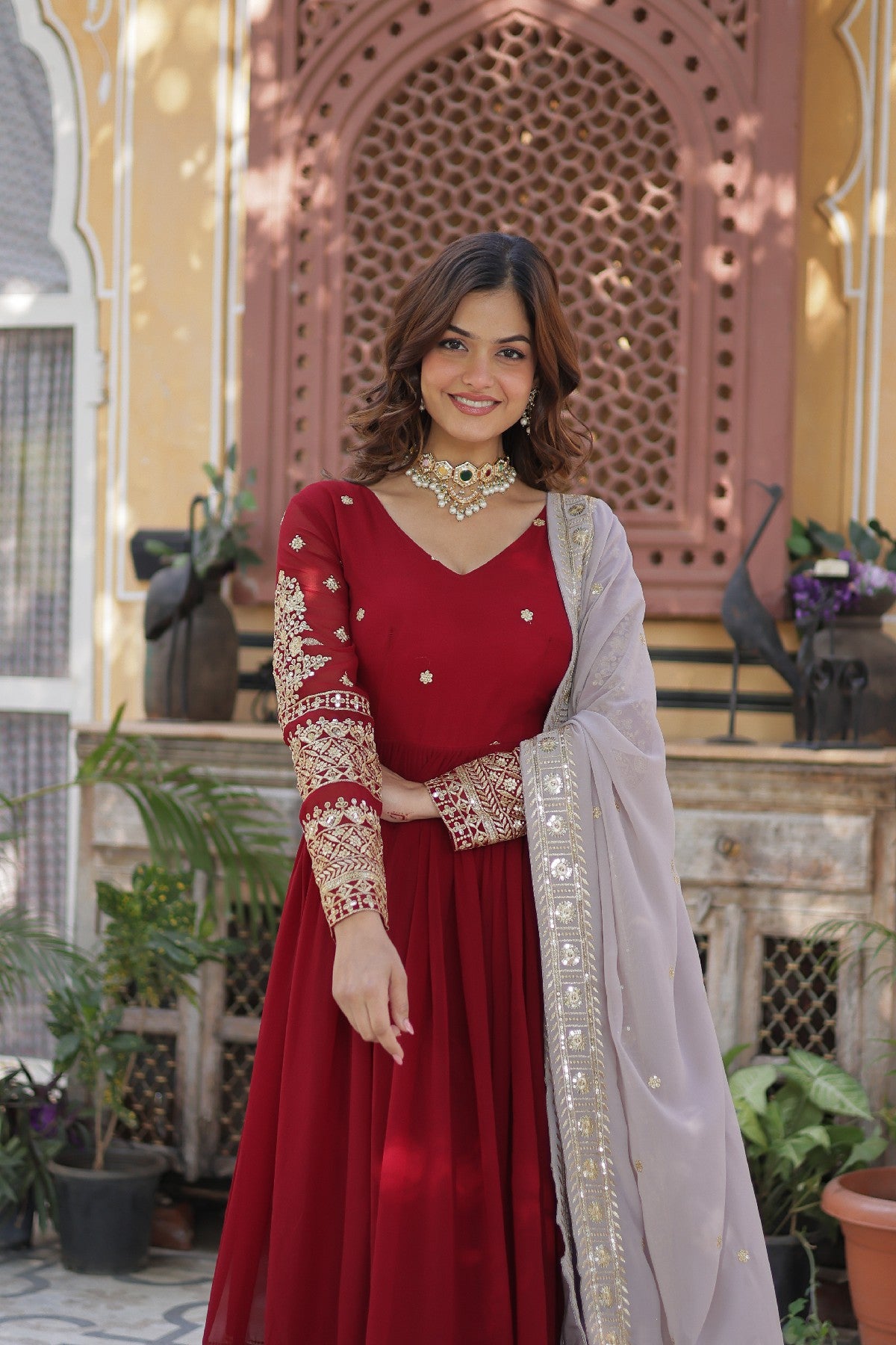 Red Georgette Zari Embroidered Festival Wear Gown