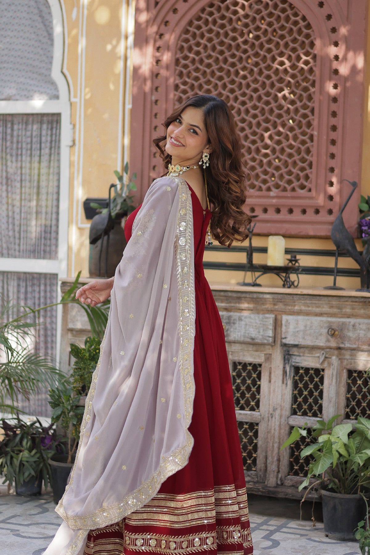 Red Georgette Zari Embroidered Festival Wear Gown