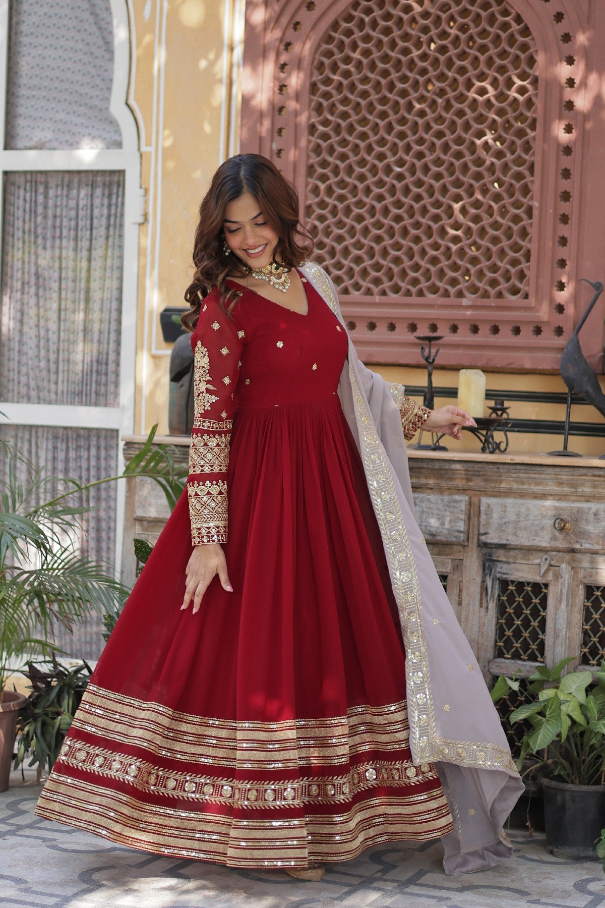 Red Georgette Zari Embroidered Festival Wear Gown