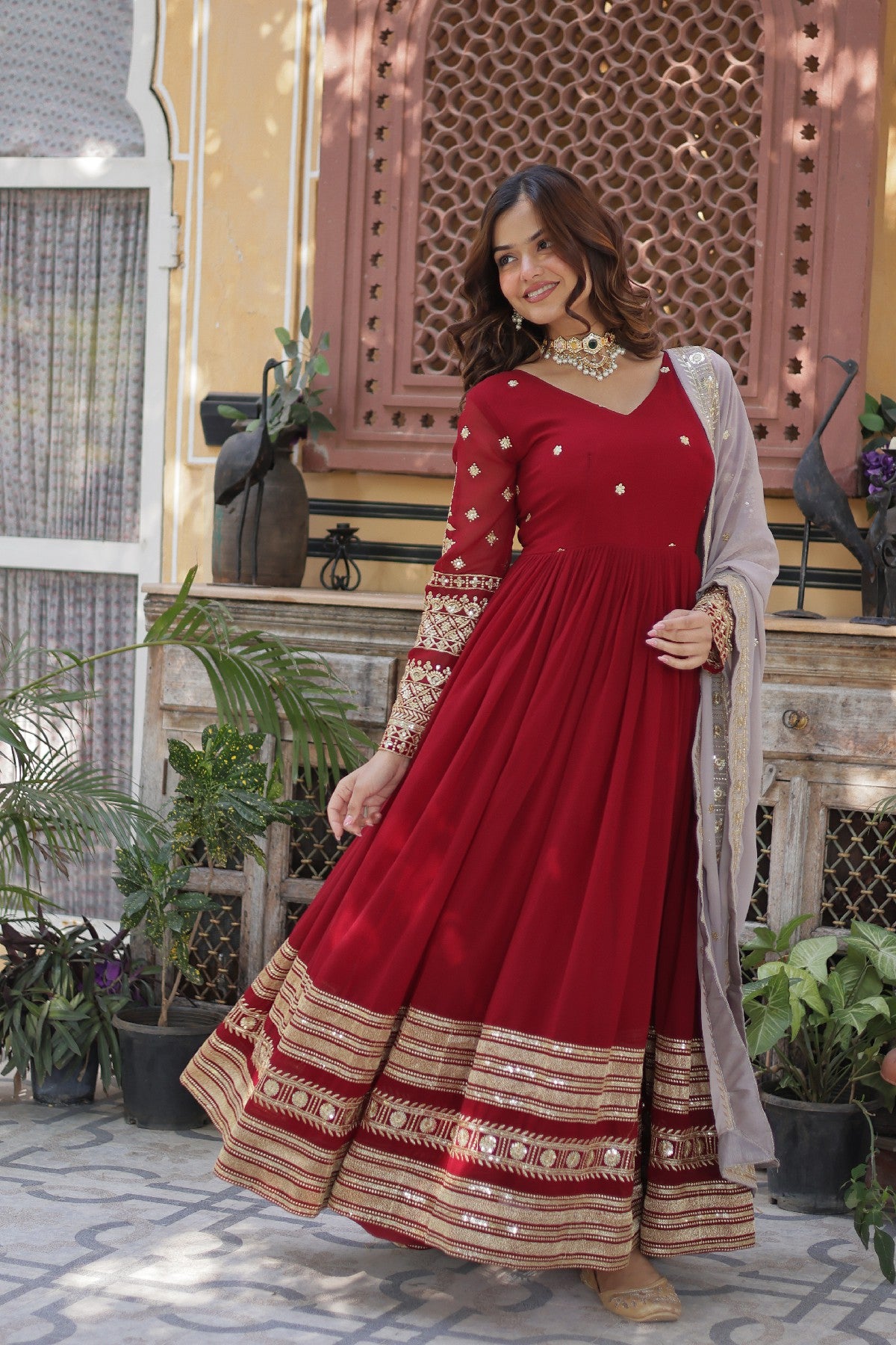 Red Georgette Zari Embroidered Festival Wear Gown