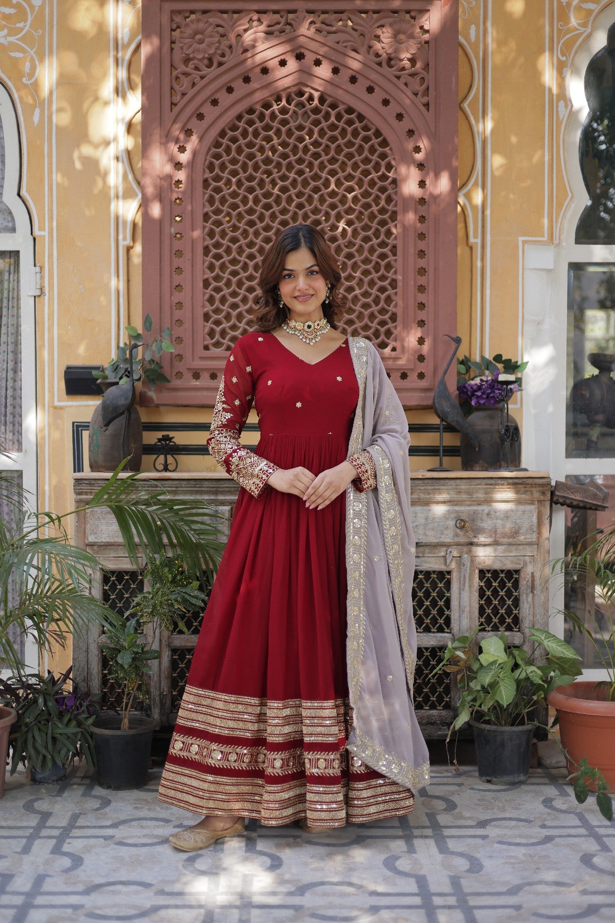 Red Georgette Zari Embroidered Festival Wear Gown