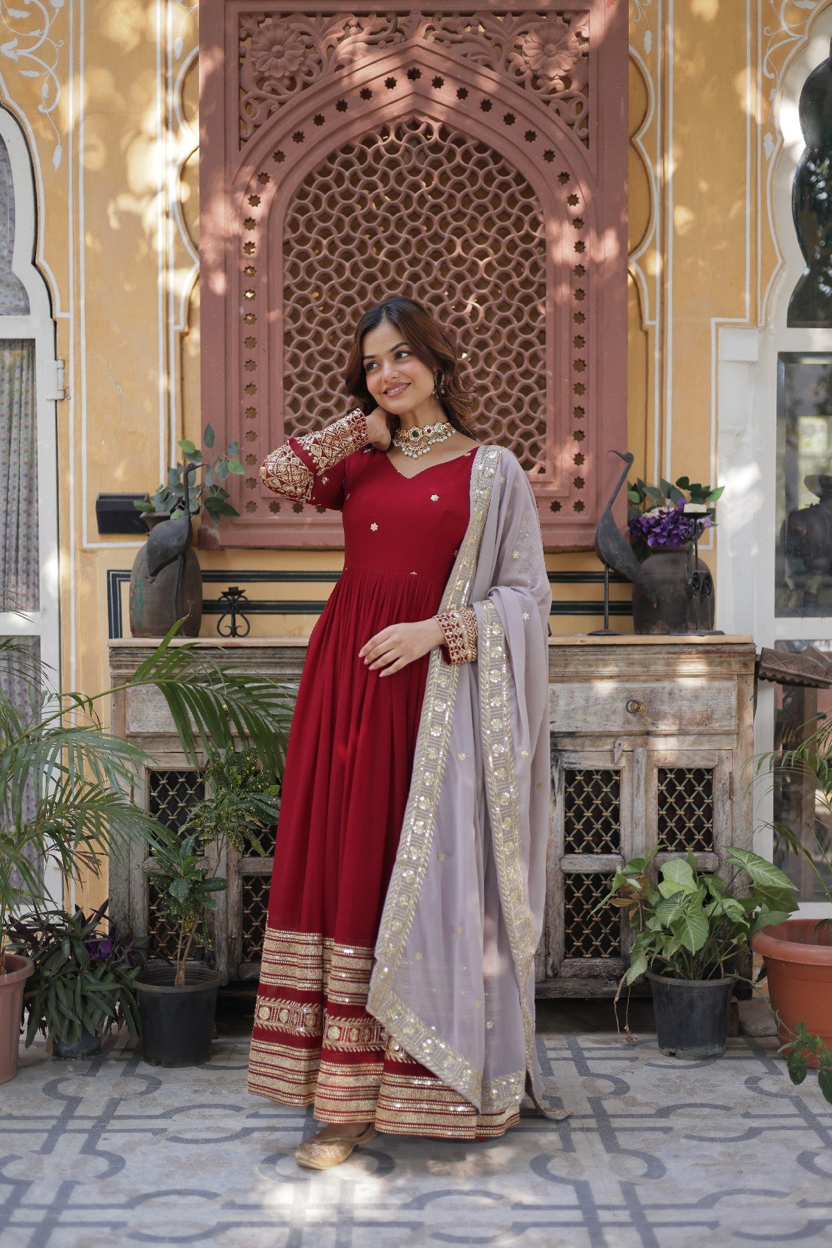Red Georgette Zari Embroidered Festival Wear Gown