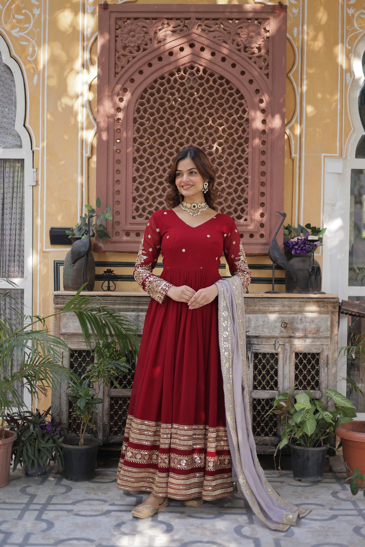 Red Georgette Zari Embroidered Festival Wear Gown
