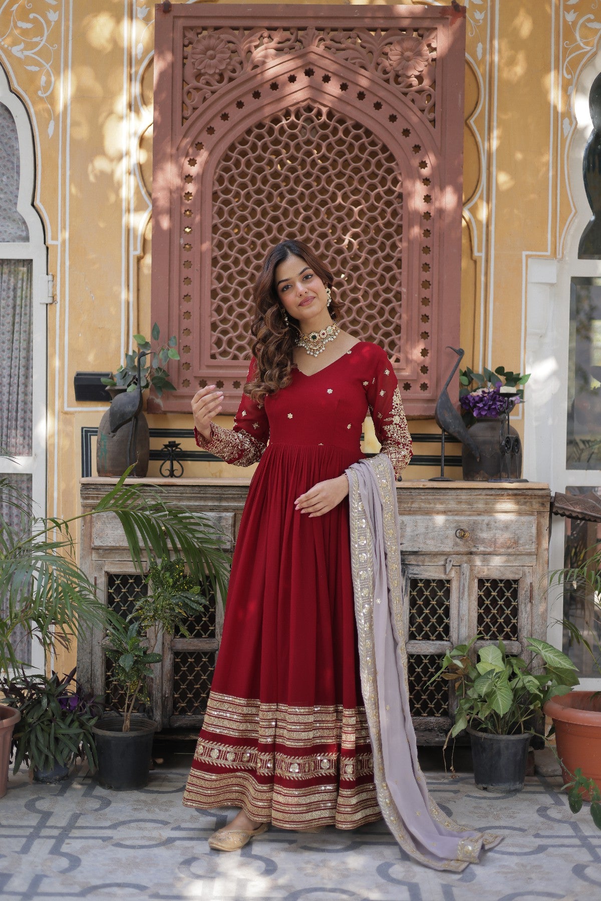 Red Georgette Zari Embroidered Festival Wear Gown