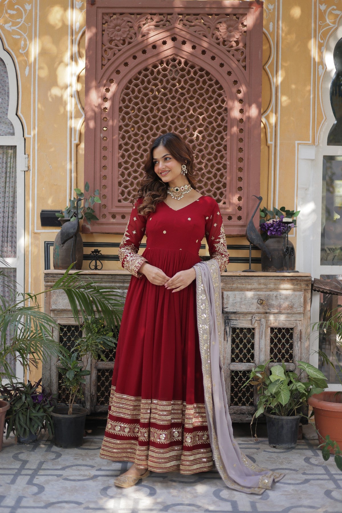 Red Georgette Zari Embroidered Festival Wear Gown