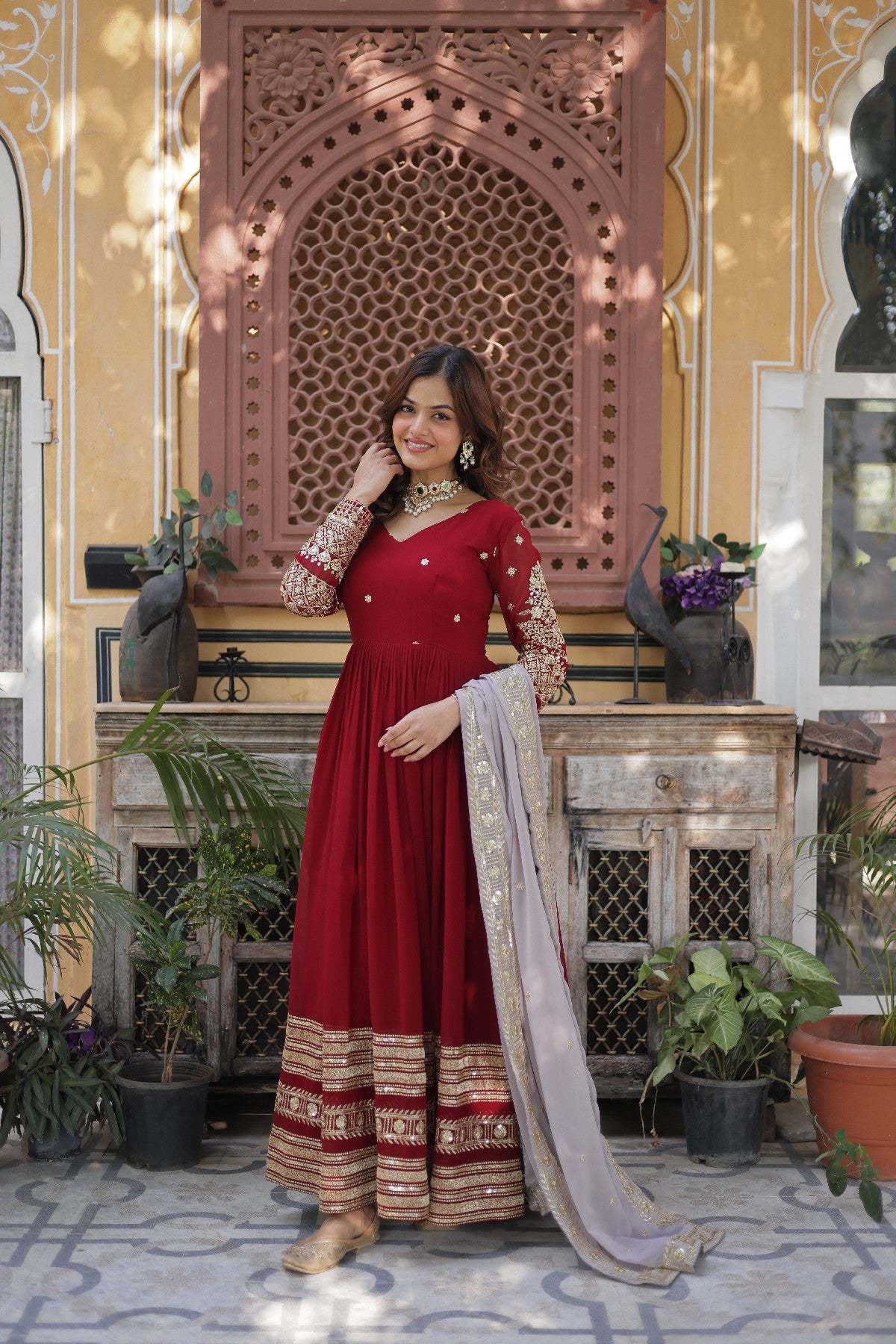 Red Georgette Zari Embroidered Festival Wear Gown