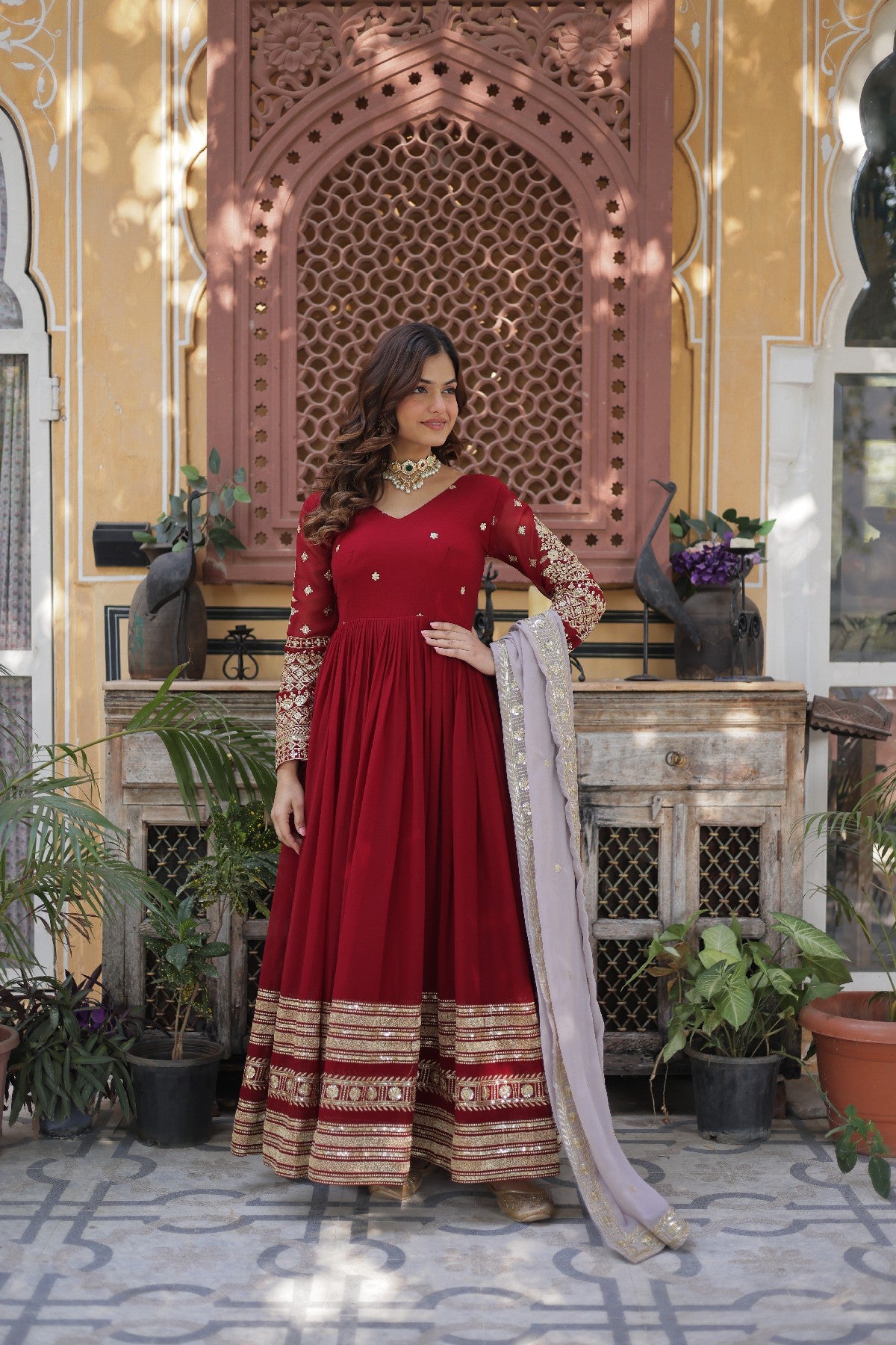 Red Georgette Zari Embroidered Festival Wear Gown