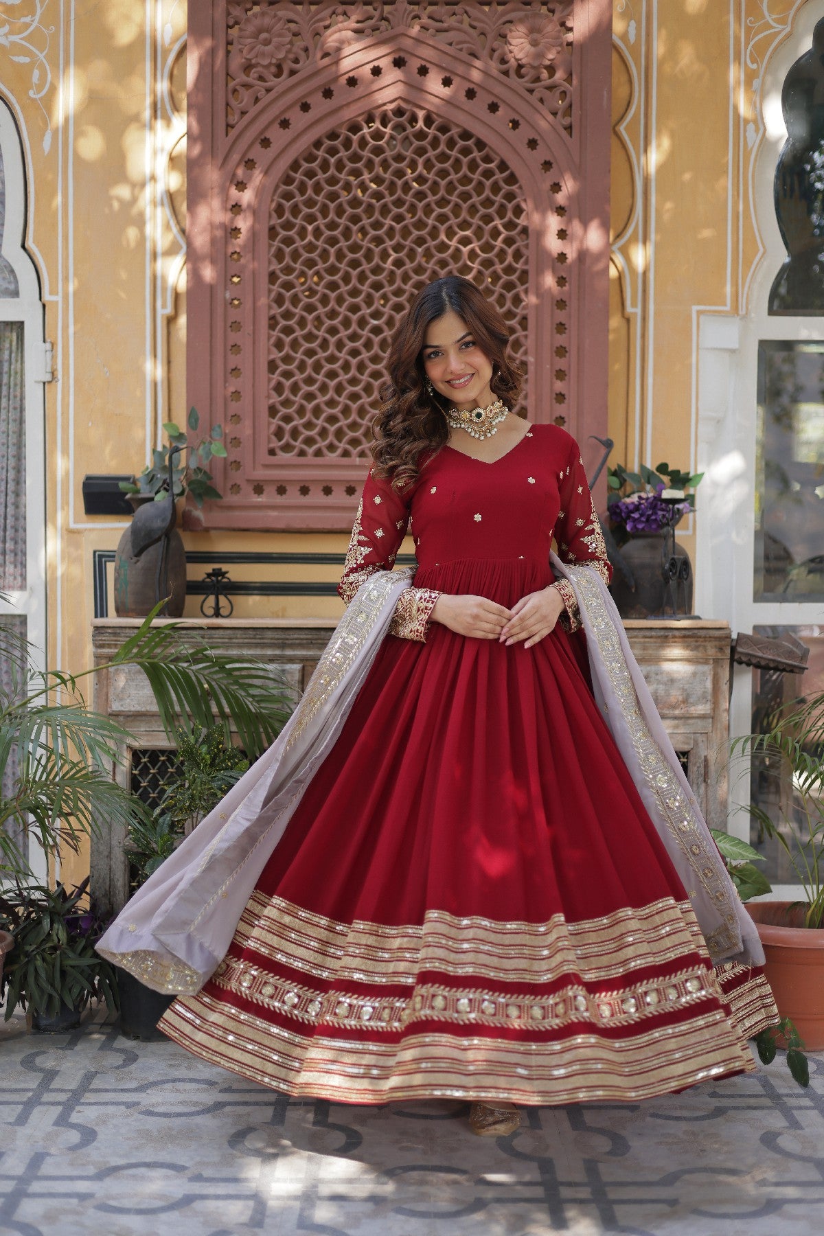 Red Georgette Zari Embroidered Festival Wear Gown
