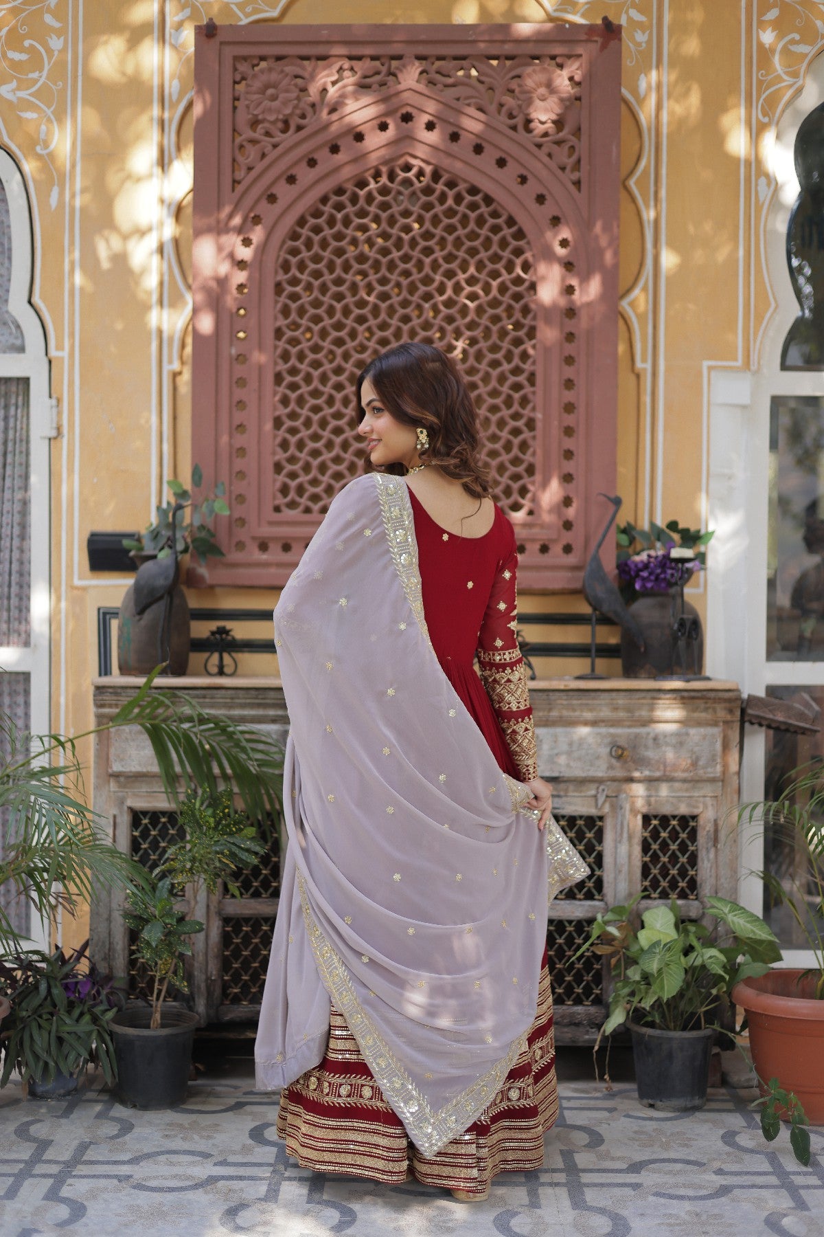Red Georgette Zari Embroidered Festival Wear Gown