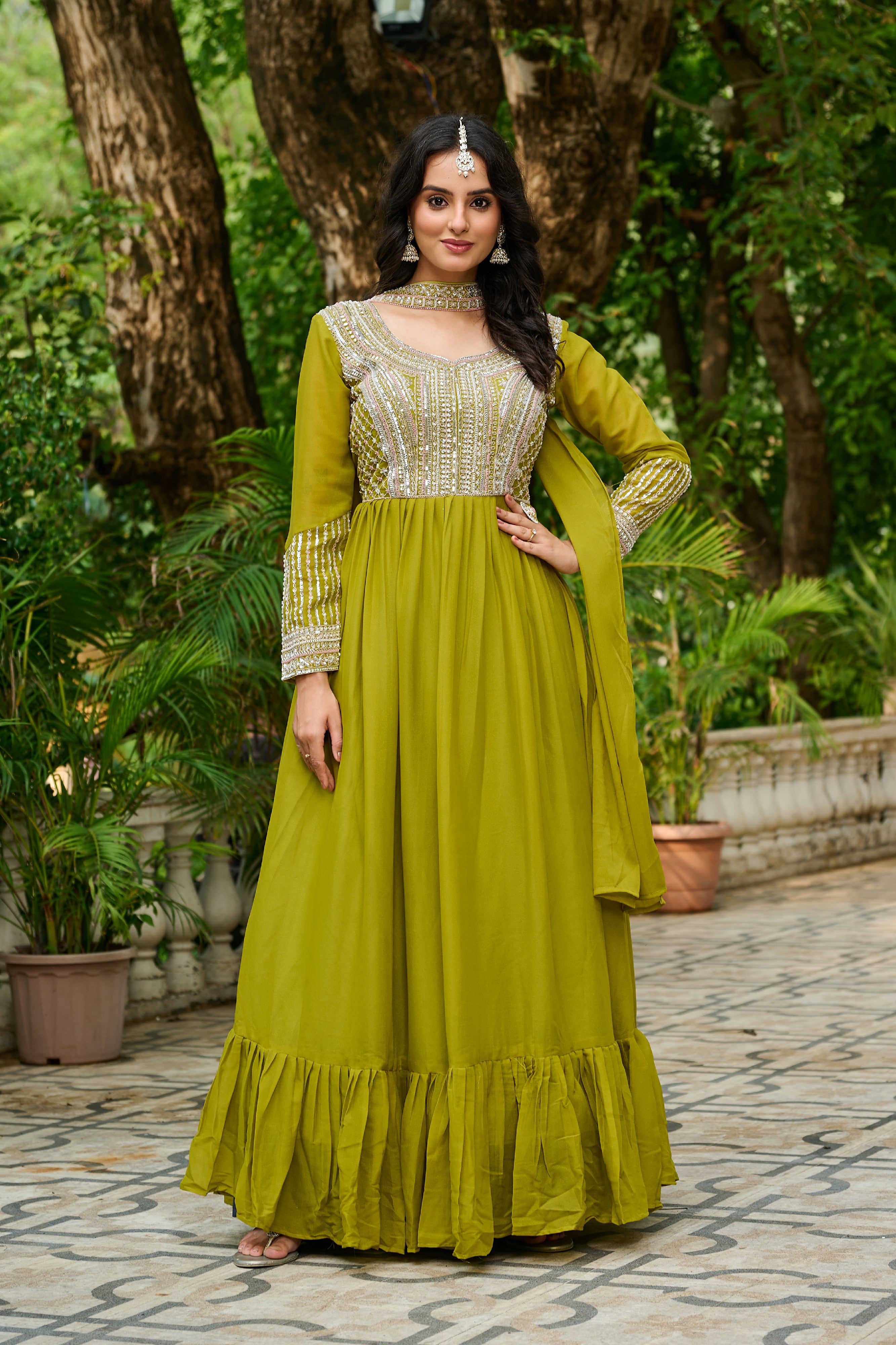 Georgette Sequins Embroidered Festive Gown With Dupatta