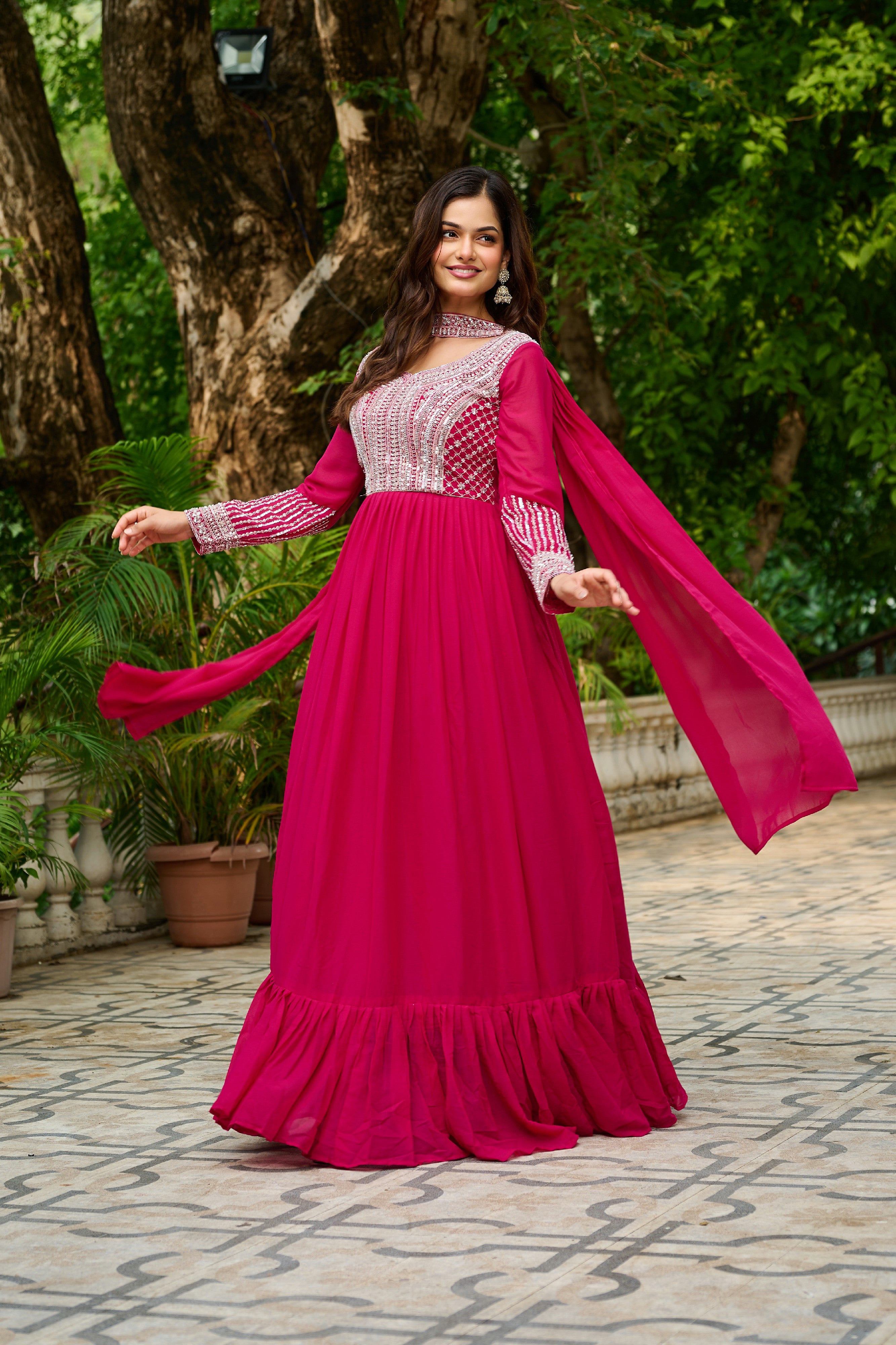 Georgette Sequins Embroidered Festive Gown With Dupatta