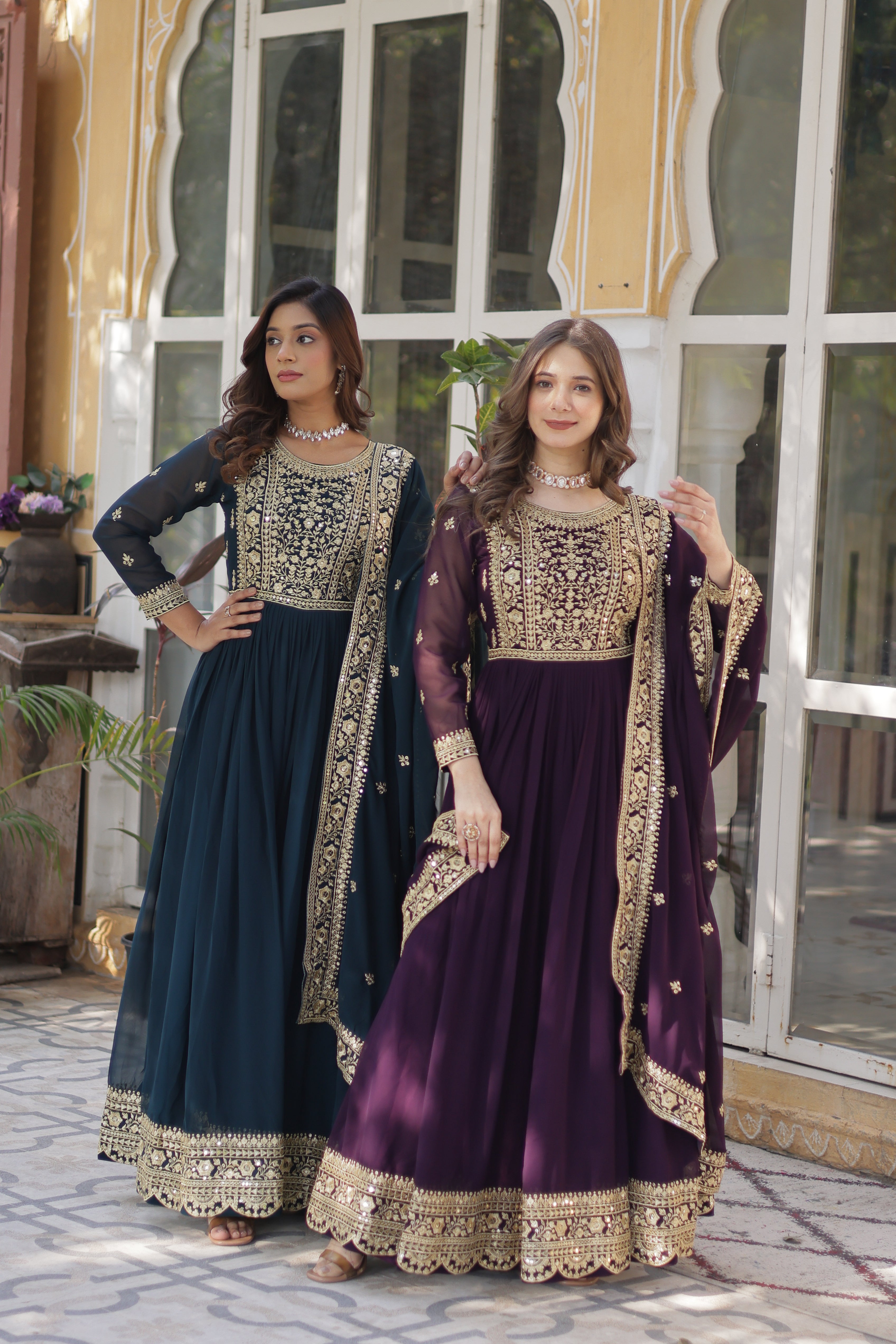 Georgette Zari Work Party Wear Gown With Dupatta