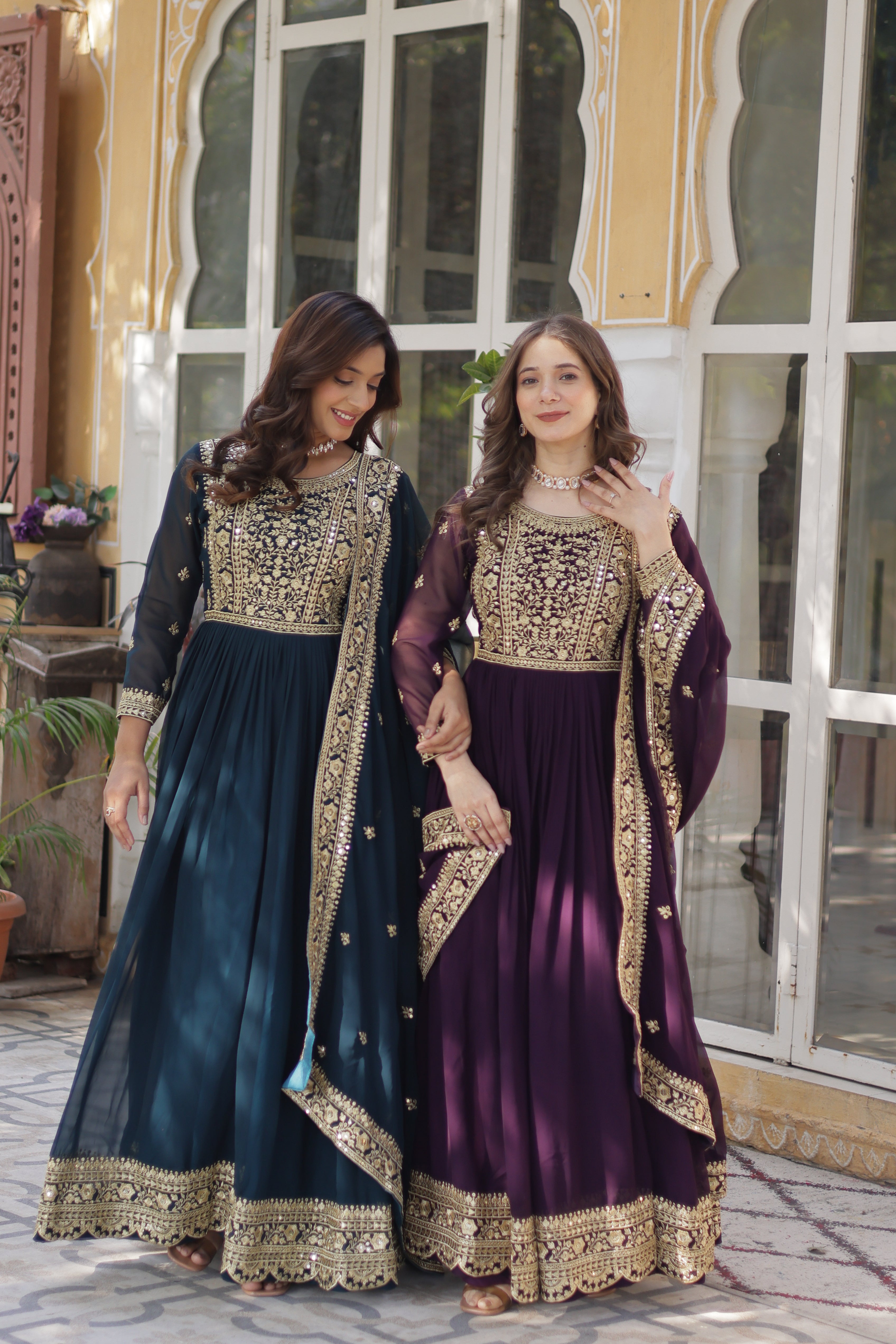 Georgette Zari Work Party Wear Gown With Dupatta