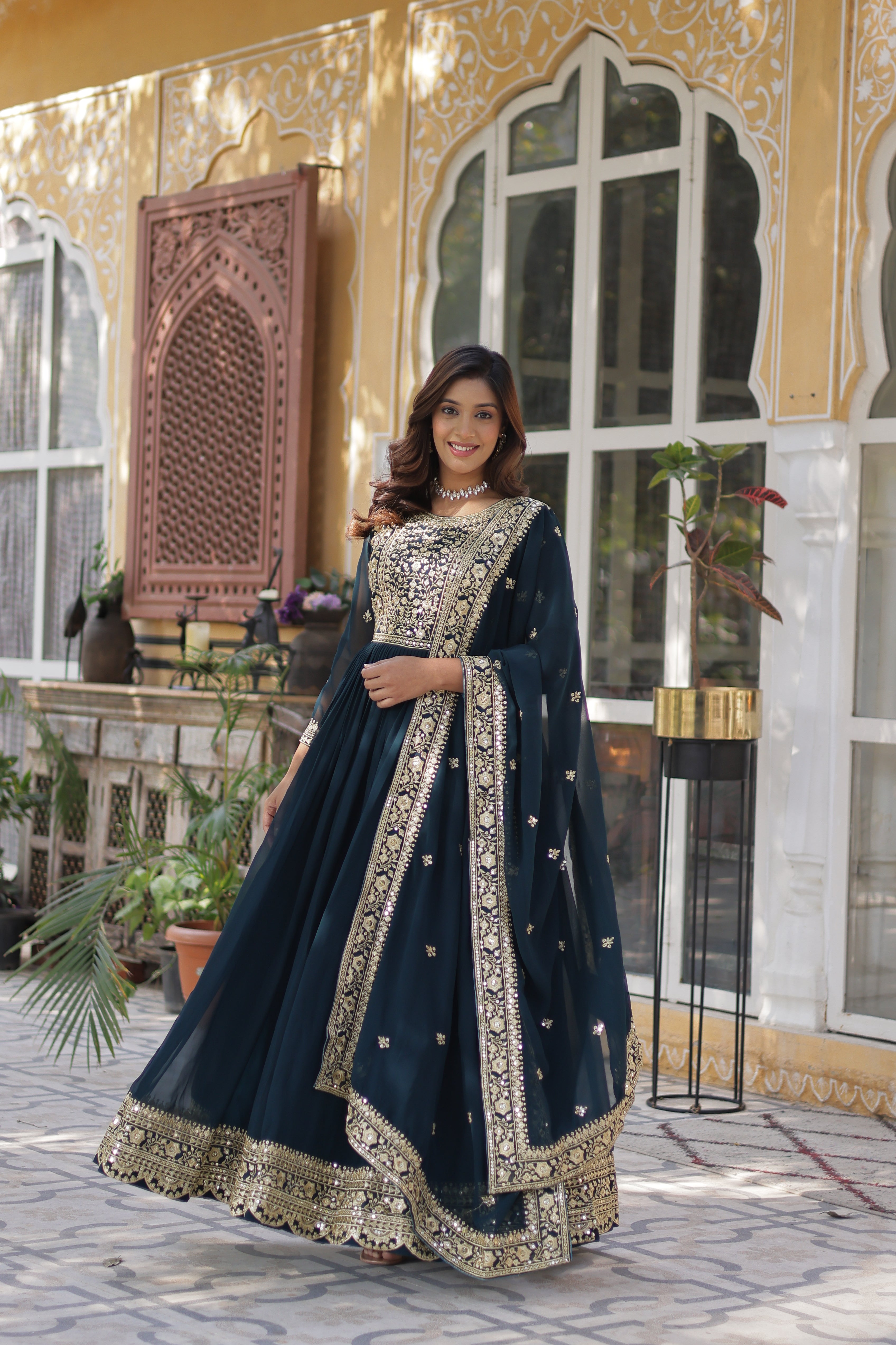 Georgette Zari Work Party Wear Gown With Dupatta