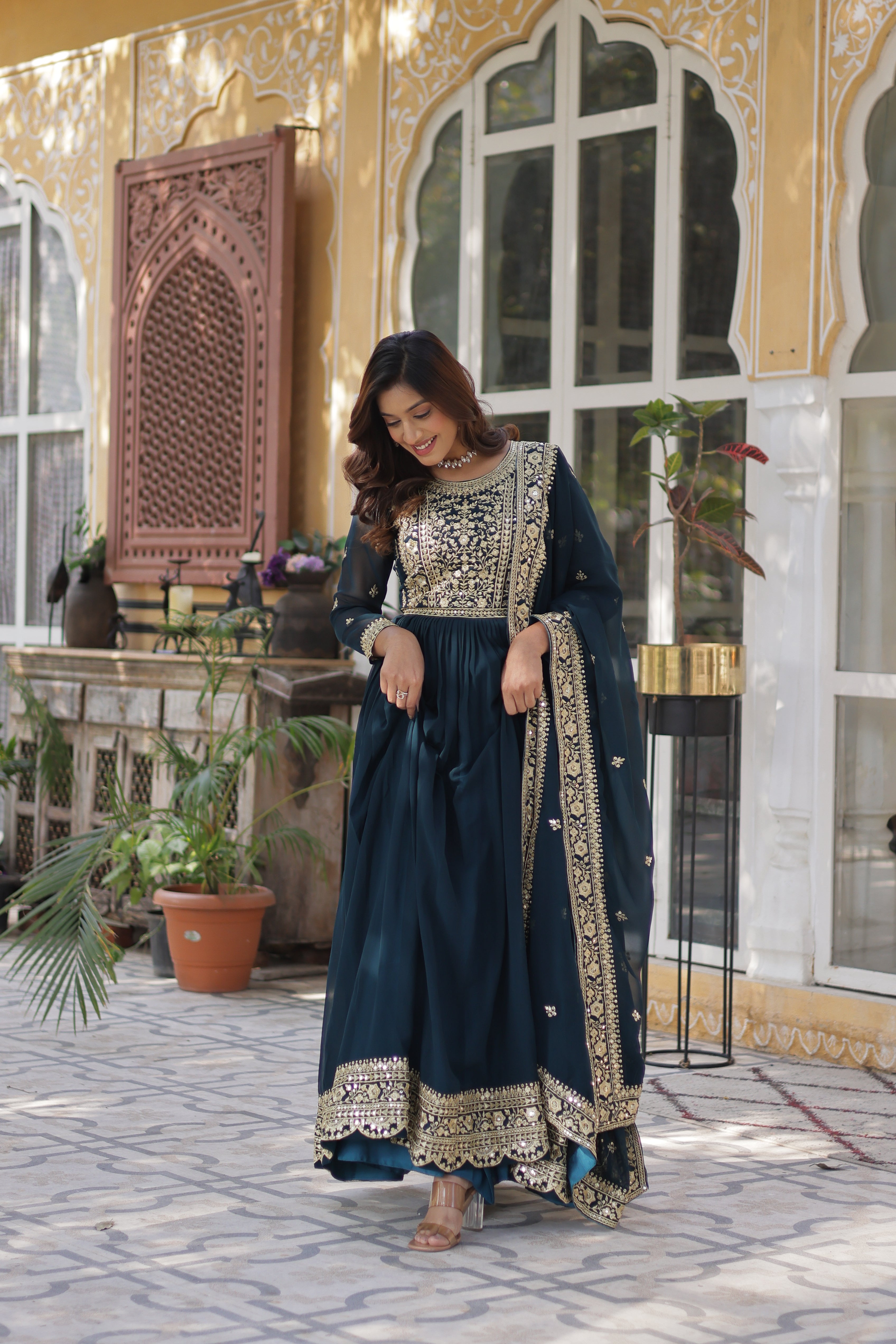 Georgette Zari Work Party Wear Gown With Dupatta