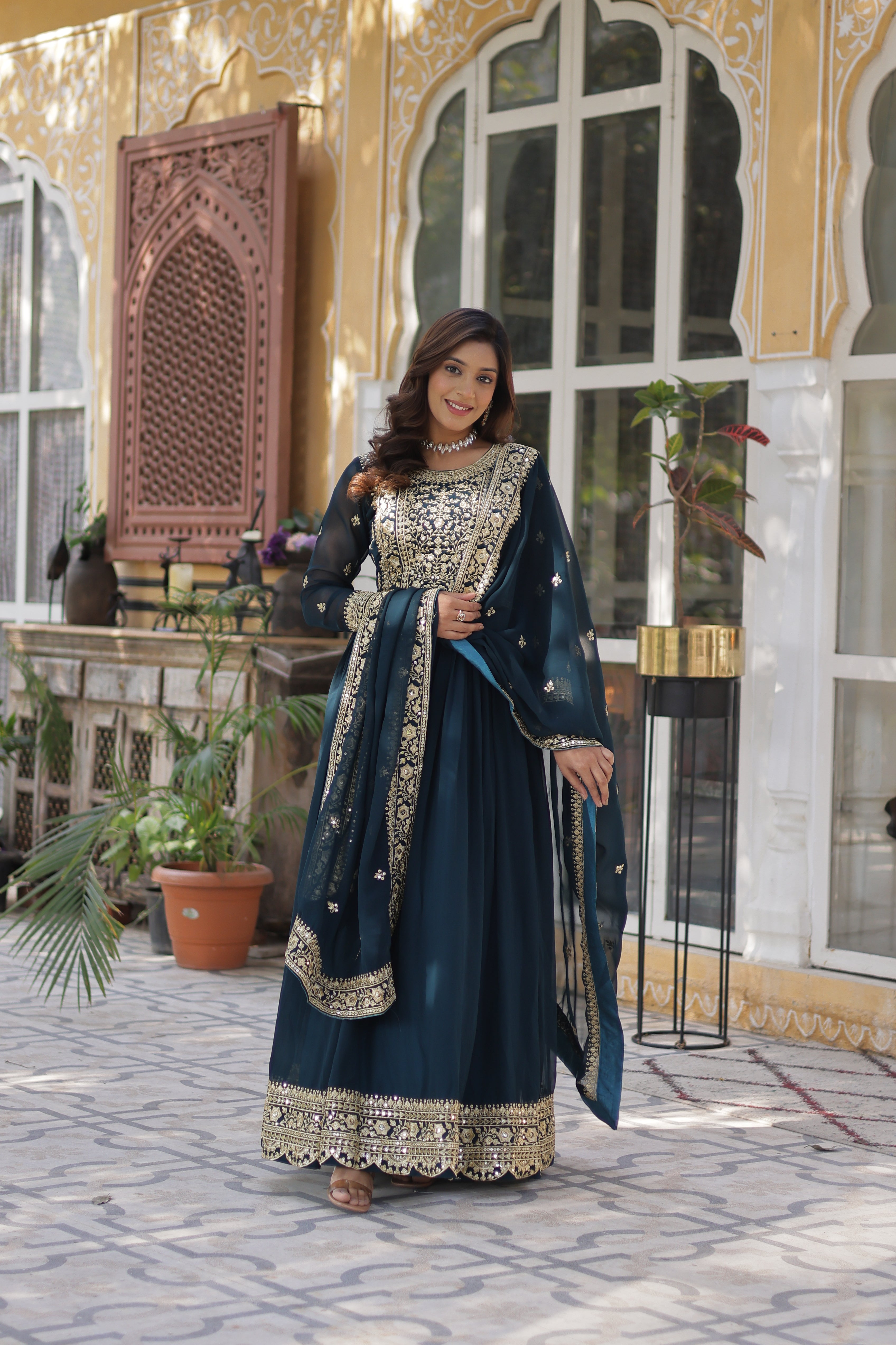 Georgette Zari Work Party Wear Gown With Dupatta