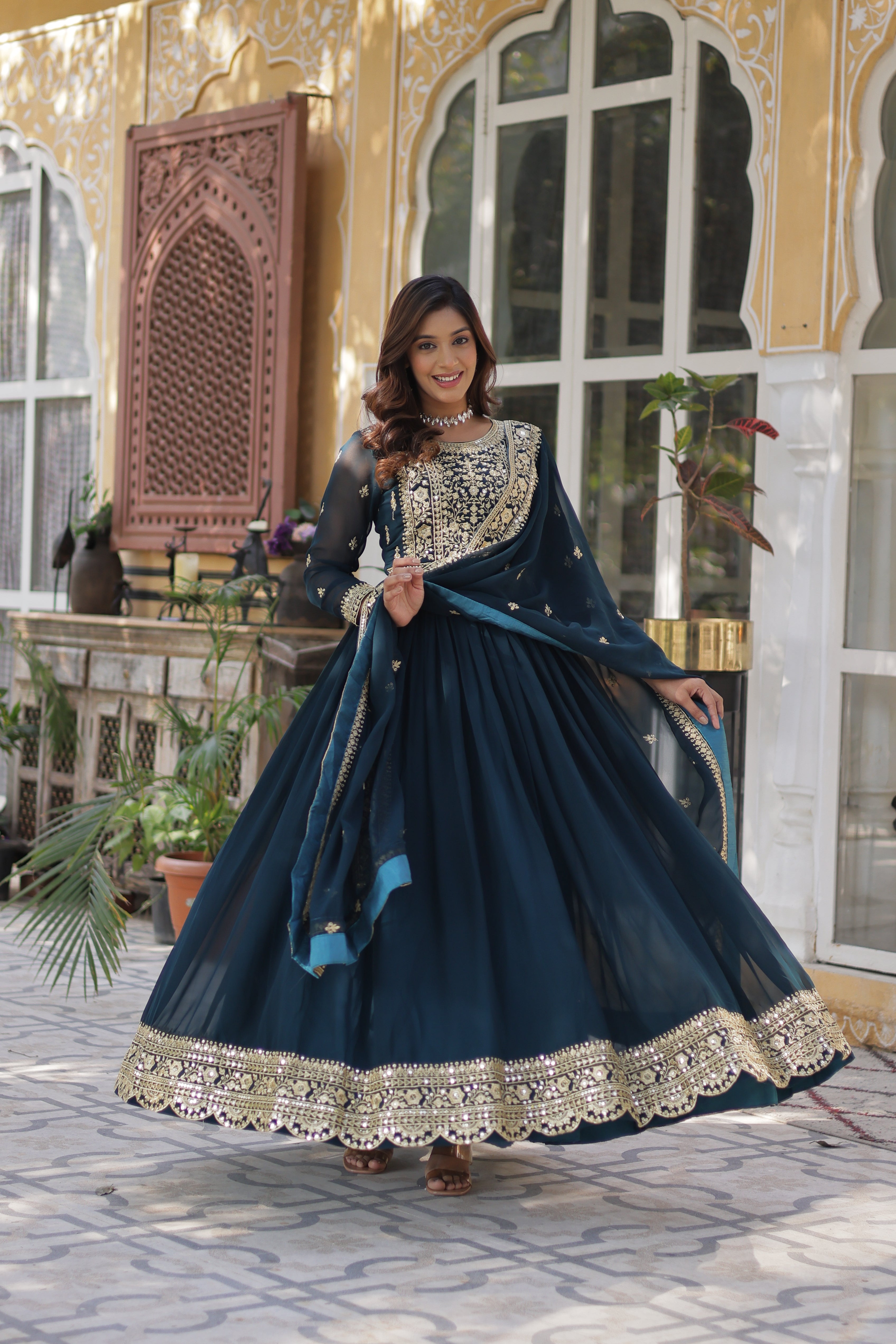 Georgette Zari Work Party Wear Gown With Dupatta