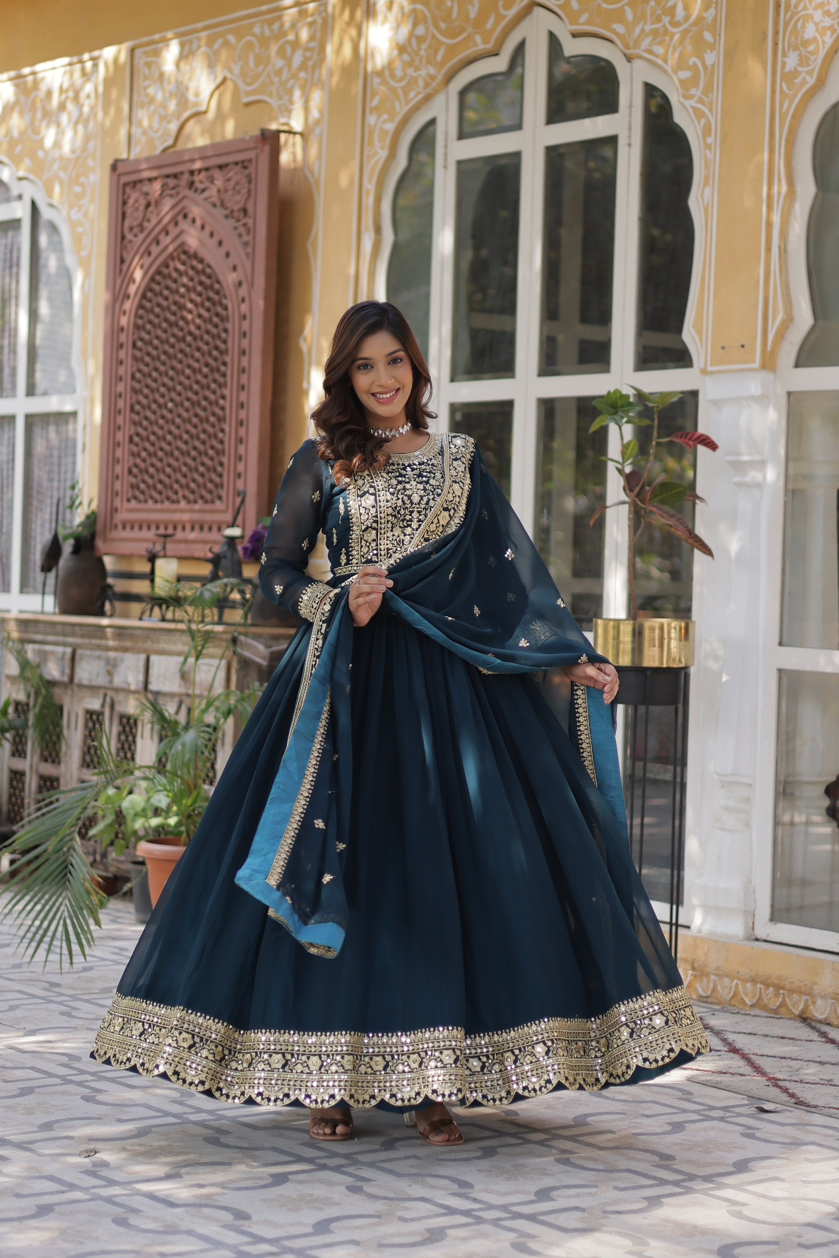 Georgette Zari Work Party Wear Gown With Dupatta