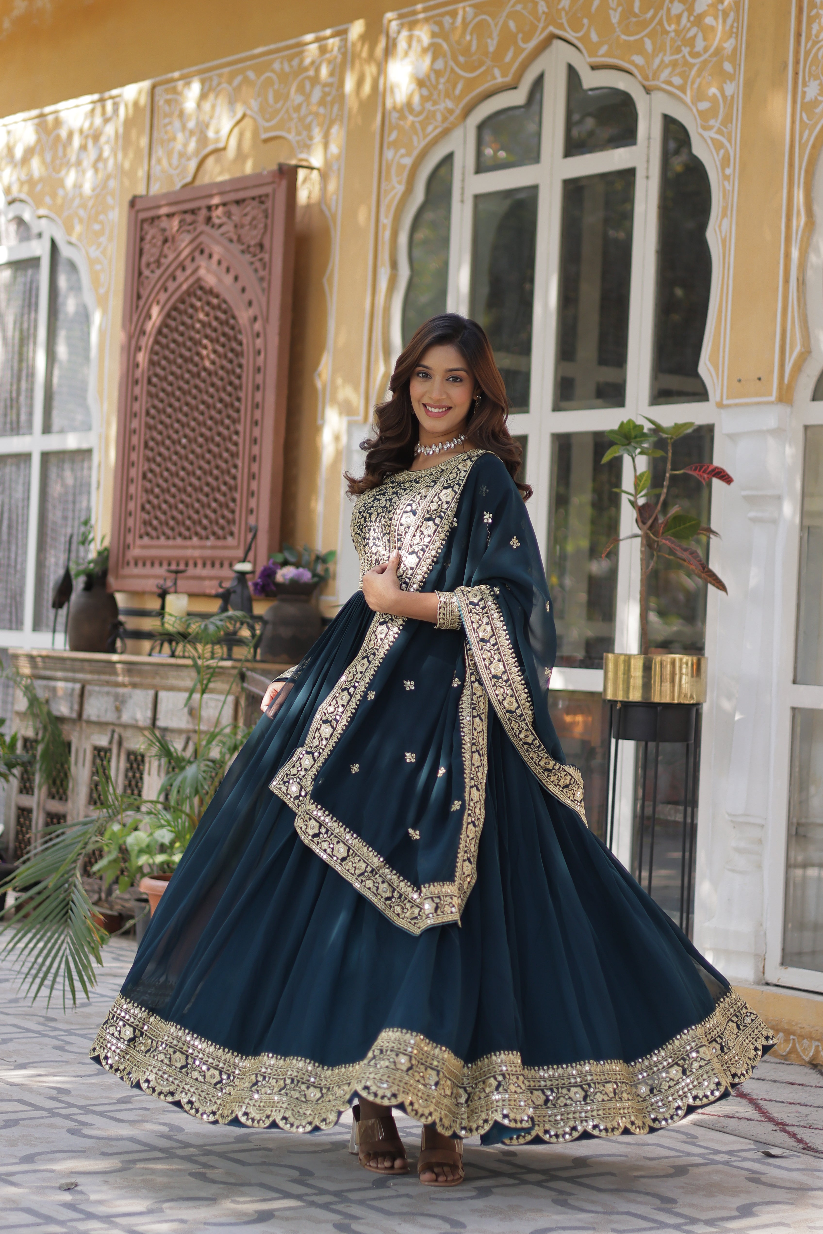 Georgette Zari Work Party Wear Gown With Dupatta
