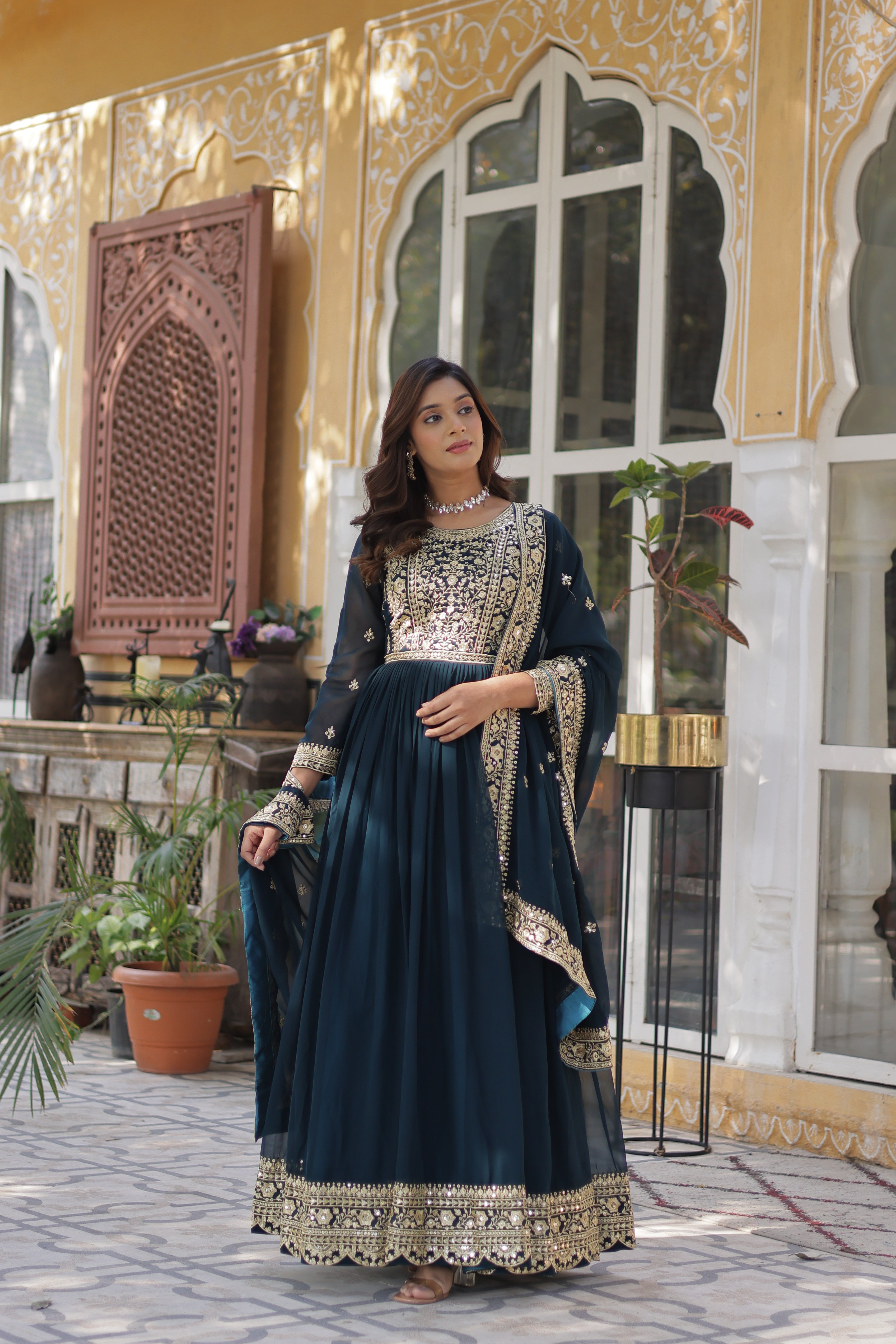 Georgette Zari Work Party Wear Gown With Dupatta