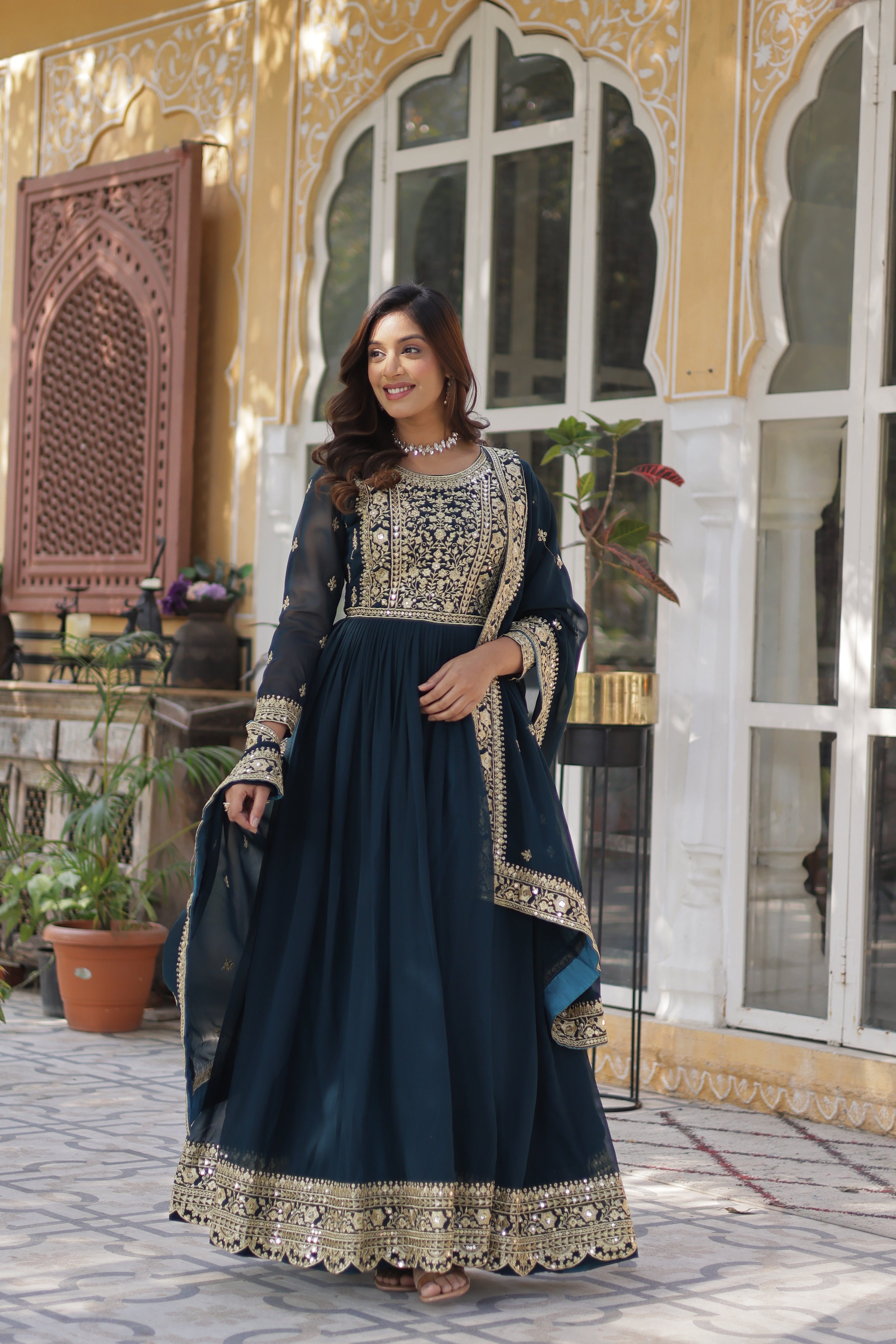 Georgette Zari Work Party Wear Gown With Dupatta