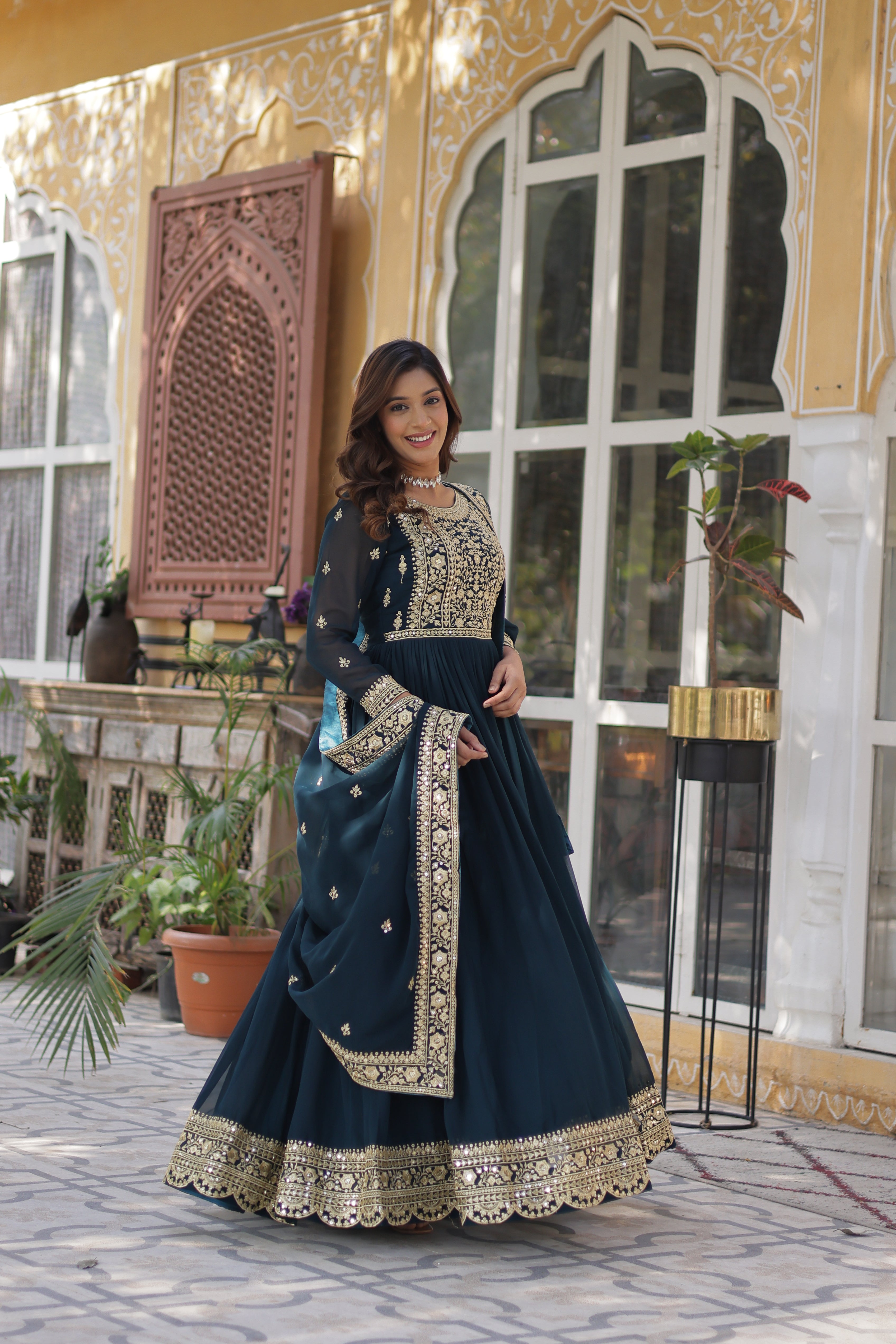 Georgette Zari Work Party Wear Gown With Dupatta