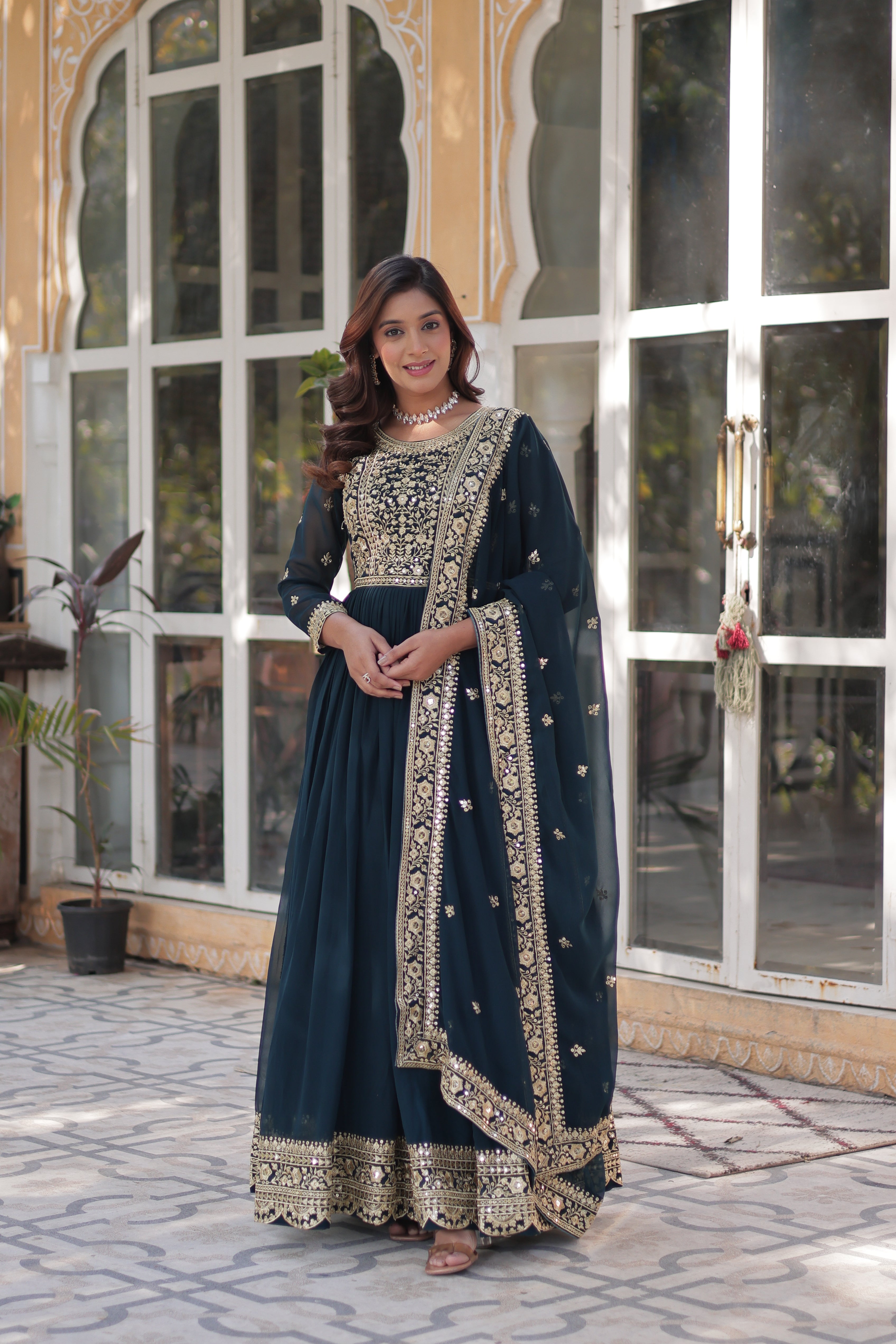 Georgette Zari Work Party Wear Gown With Dupatta