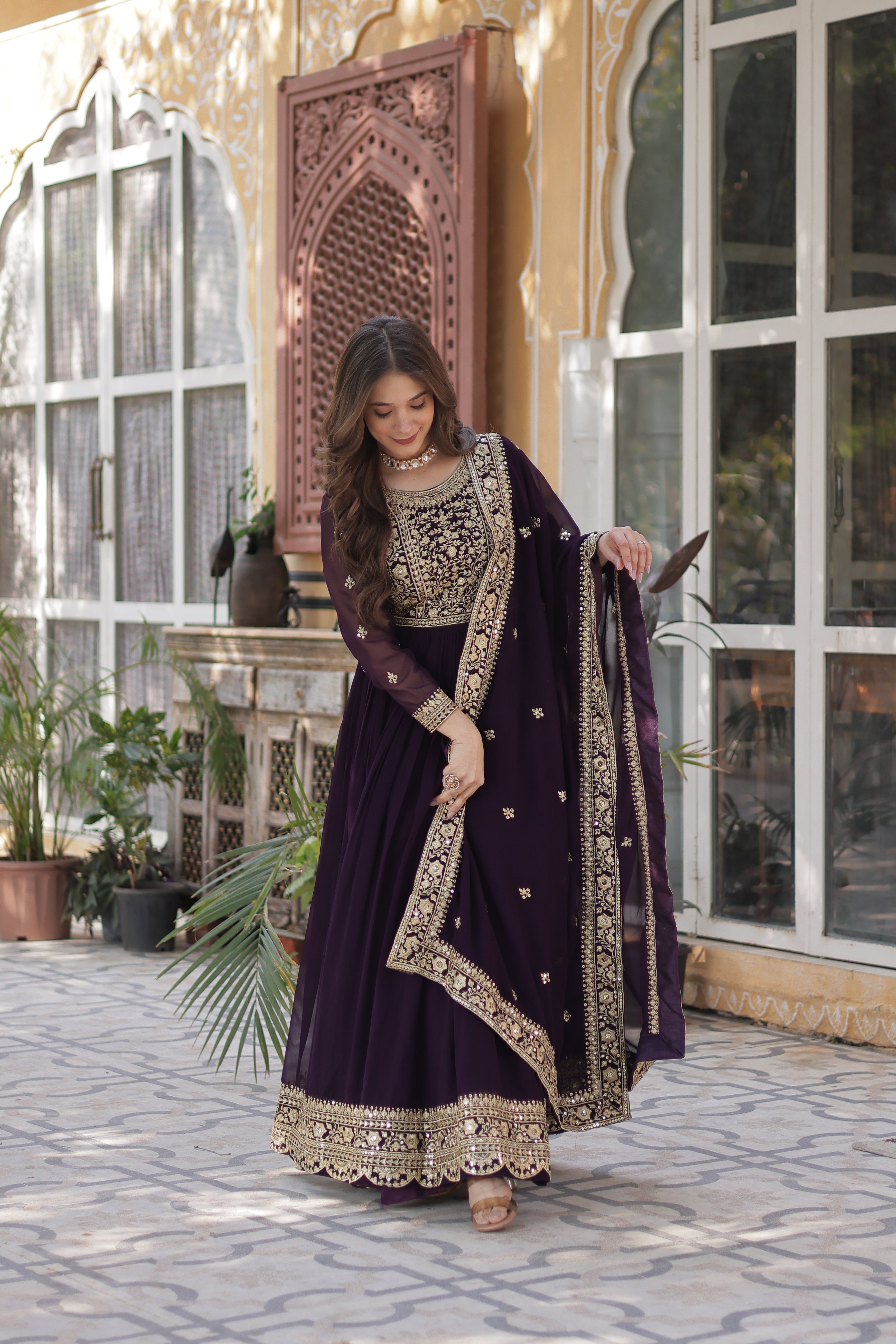 Georgette Zari Work Party Wear Gown With Dupatta