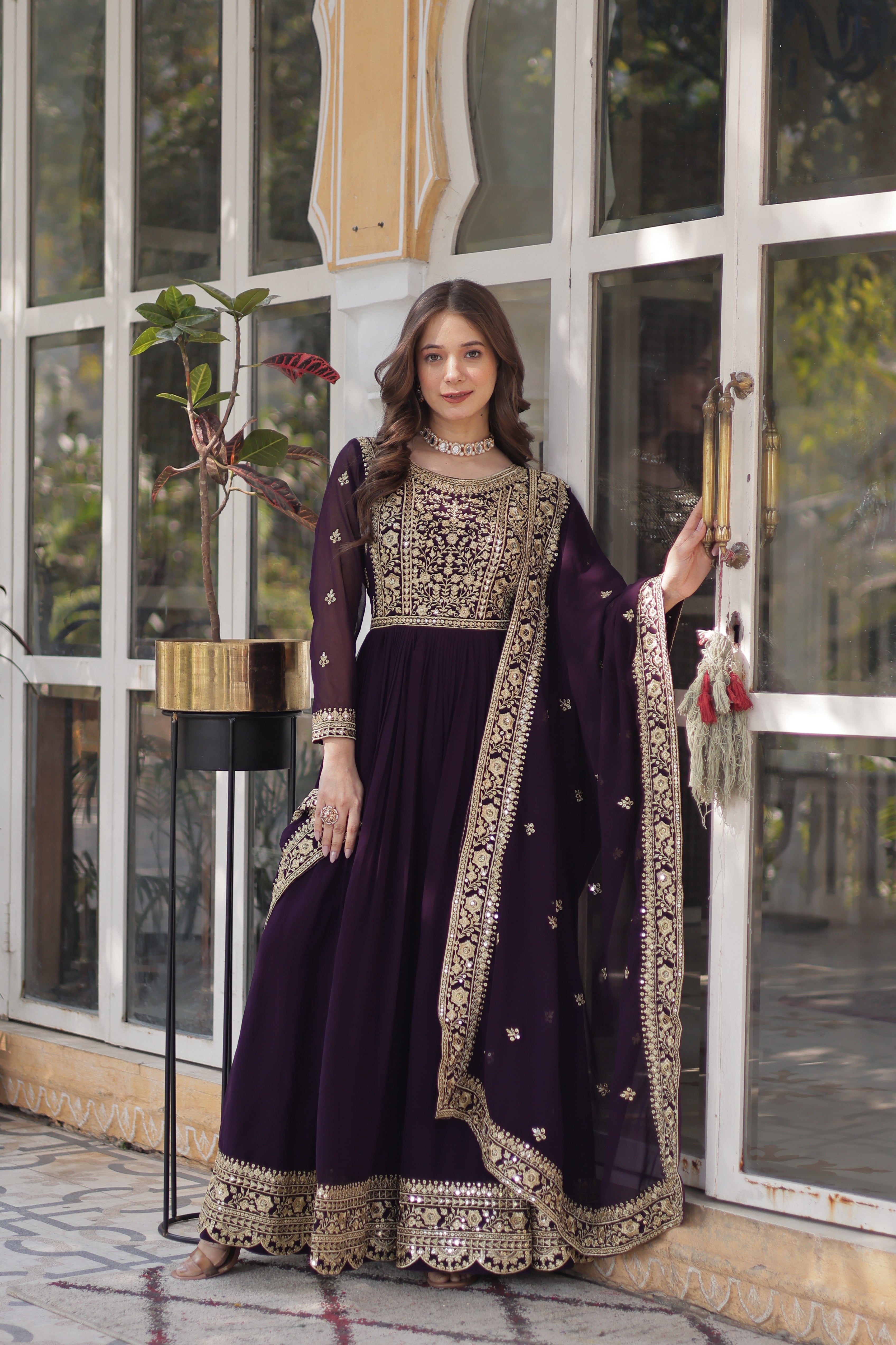 Georgette Zari Work Party Wear Gown With Dupatta