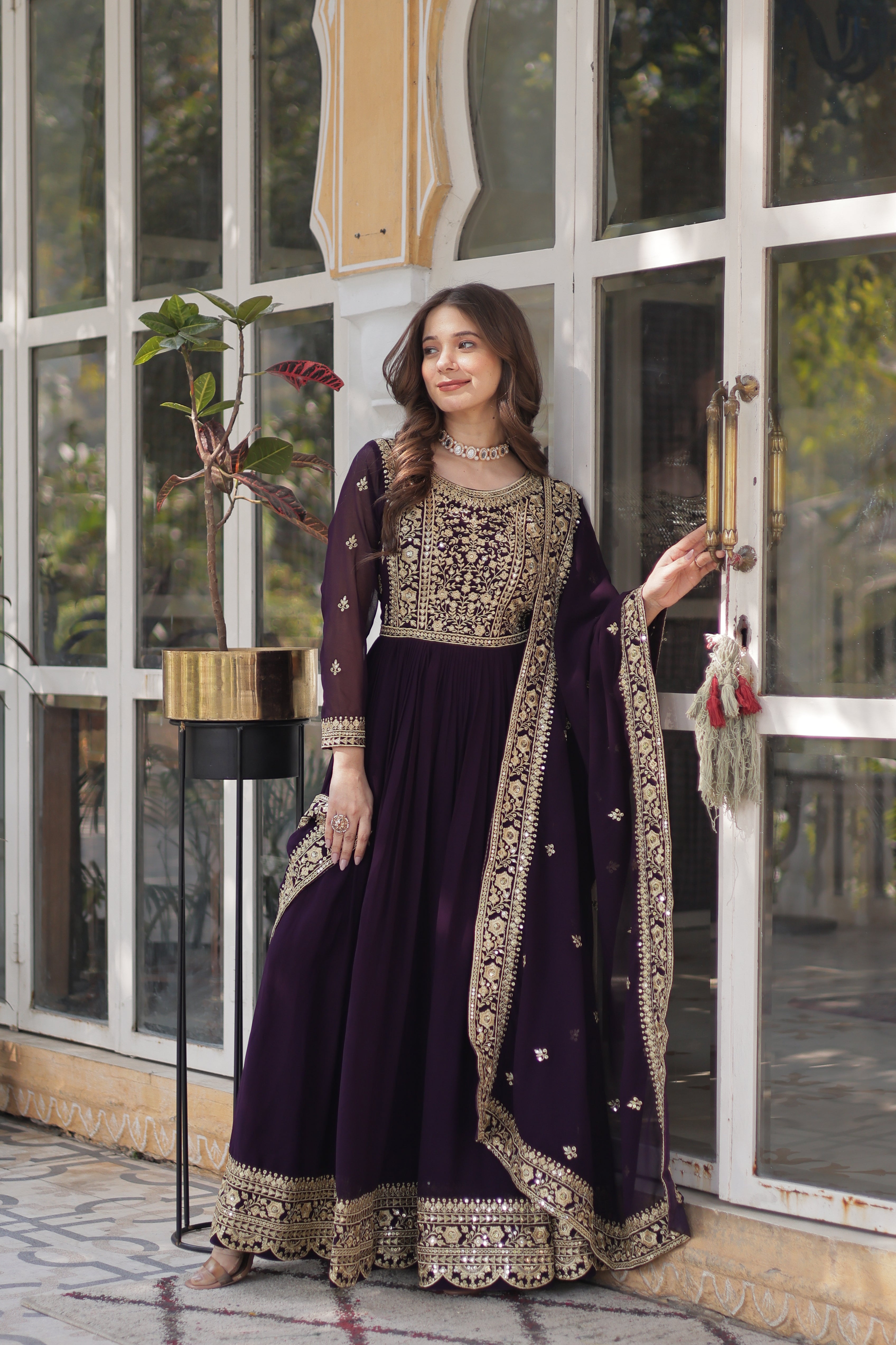 Georgette Zari Work Party Wear Gown With Dupatta