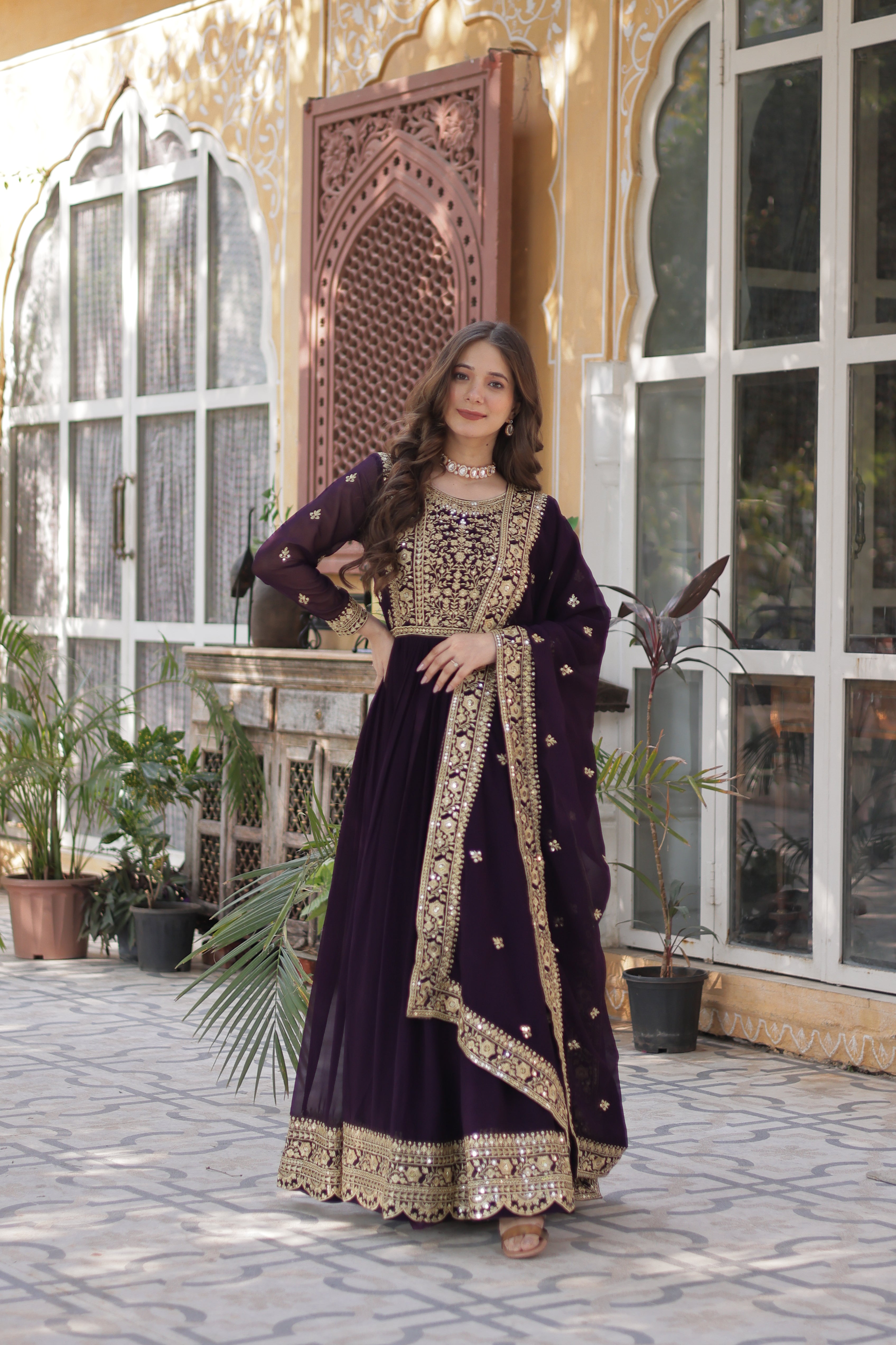 Georgette Zari Work Party Wear Gown With Dupatta