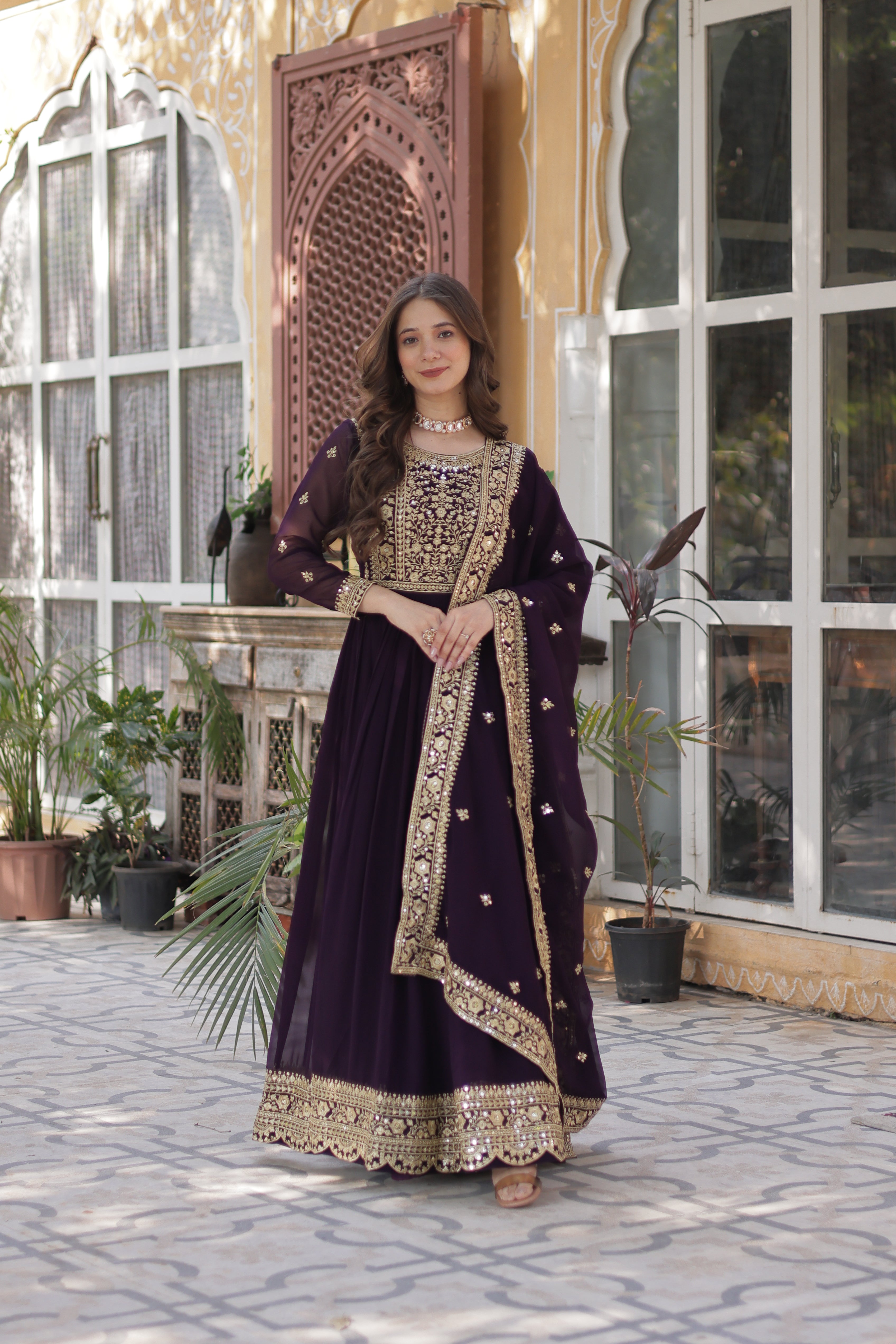 Georgette Zari Work Party Wear Gown With Dupatta