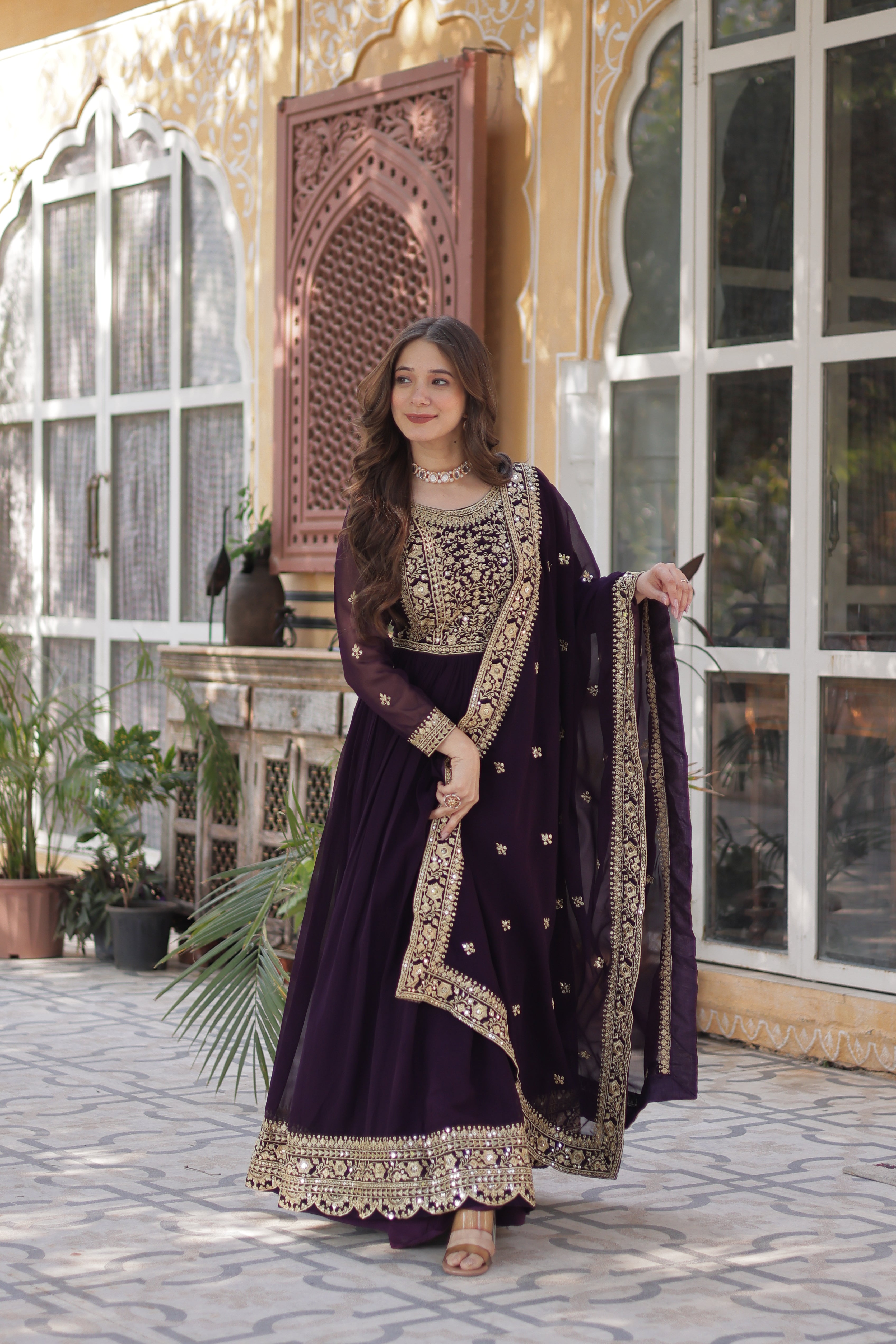 Georgette Zari Work Party Wear Gown With Dupatta