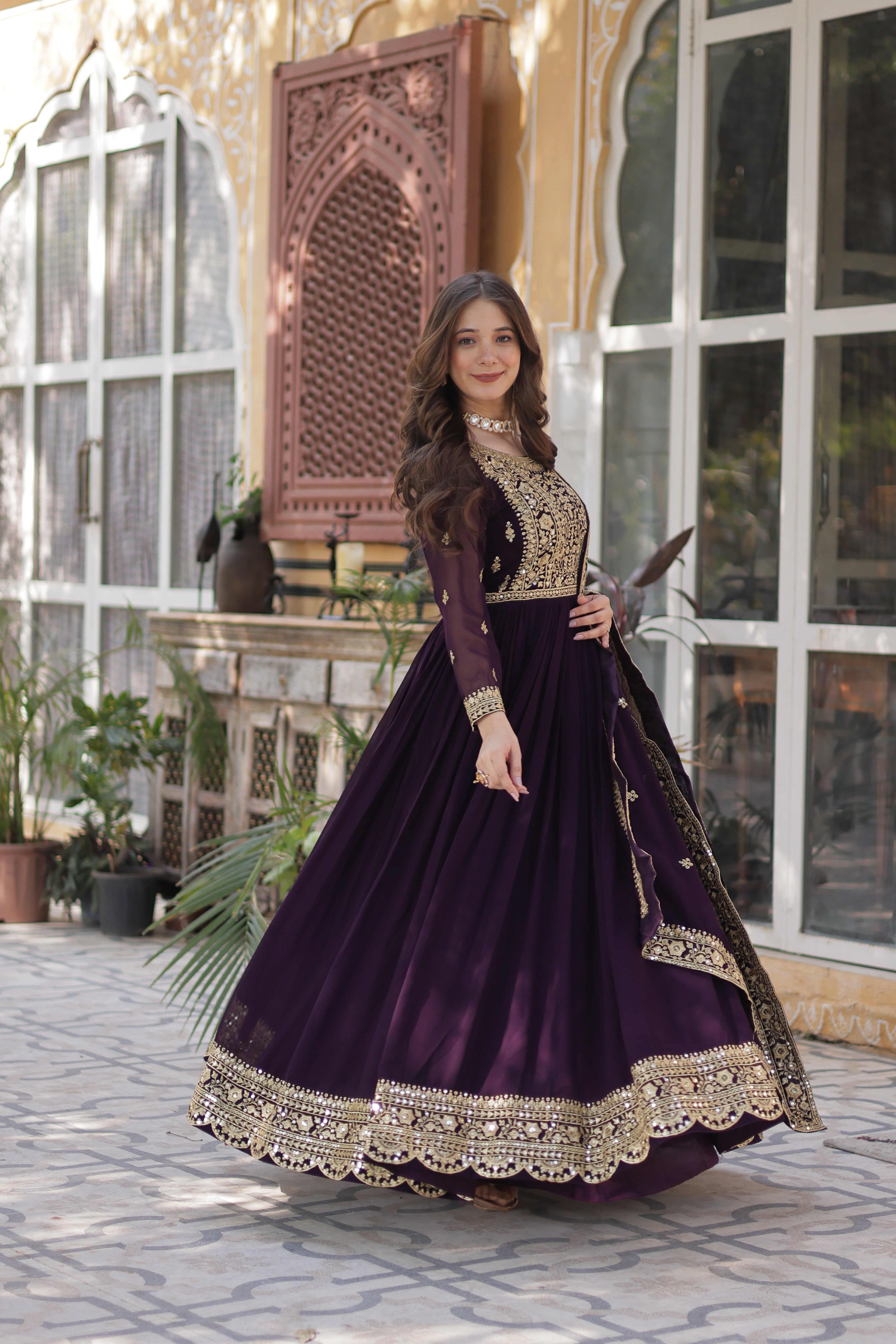 Georgette Zari Work Party Wear Gown With Dupatta