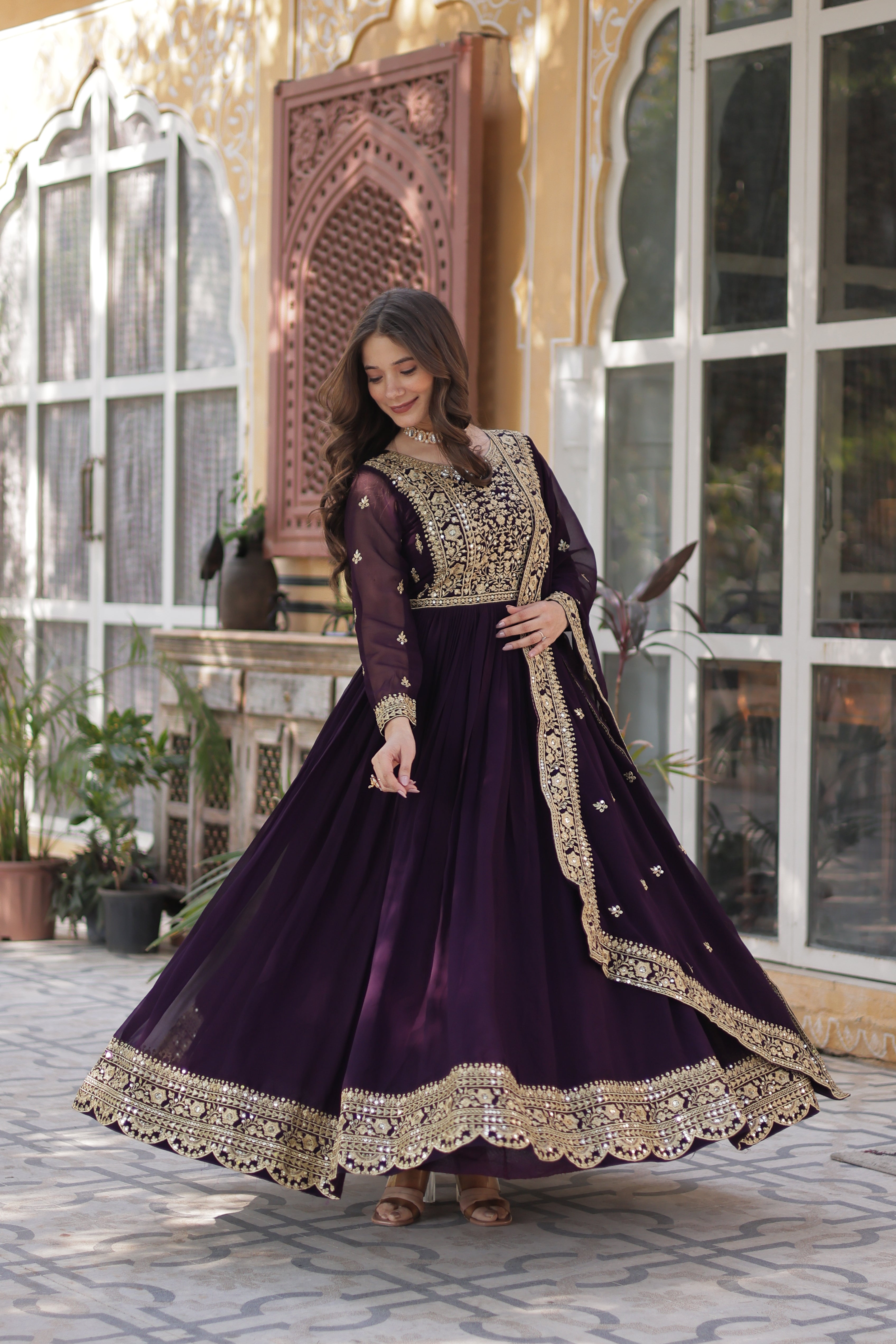 Georgette Zari Work Party Wear Gown With Dupatta