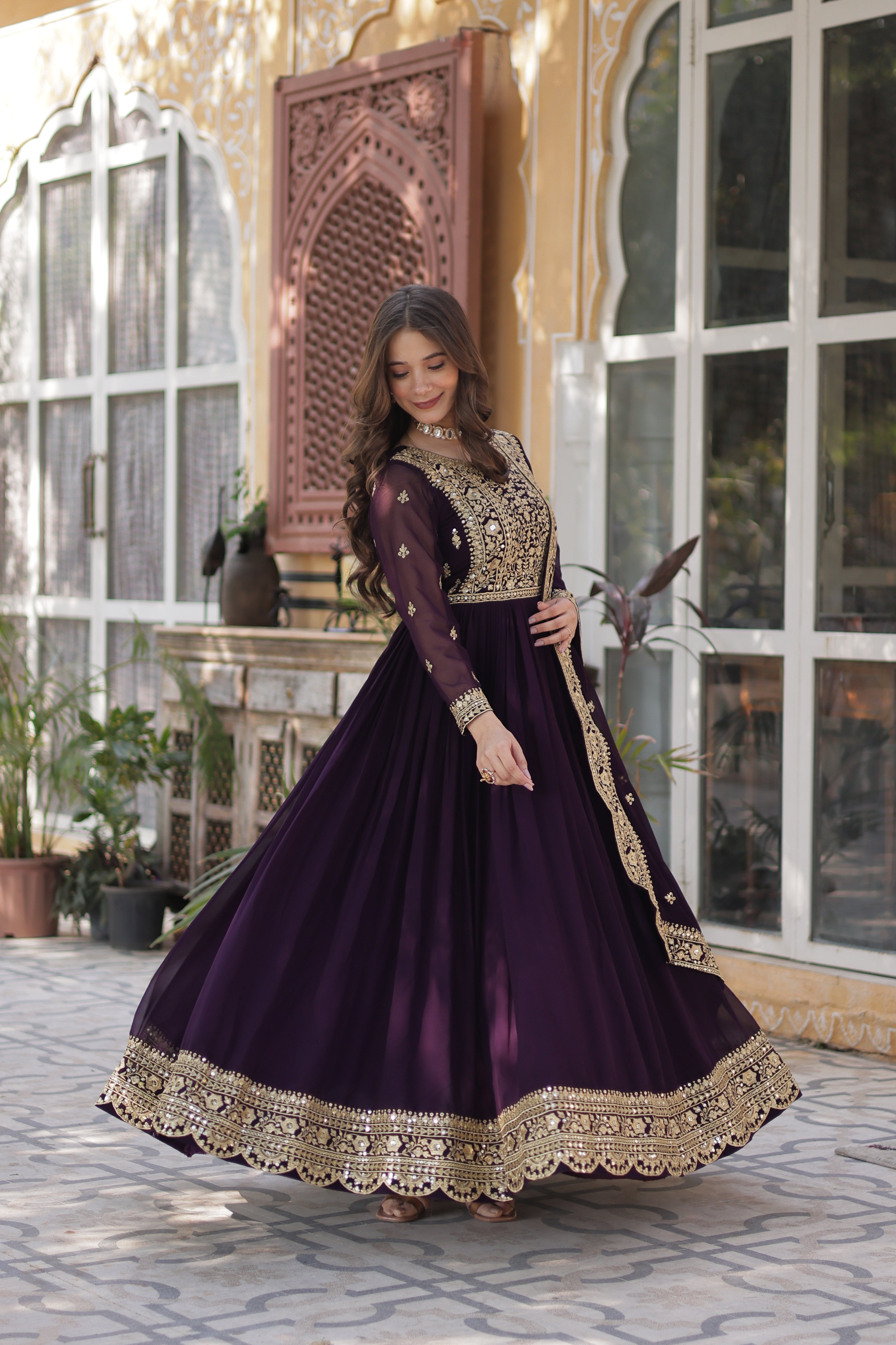 Georgette Zari Work Party Wear Gown With Dupatta