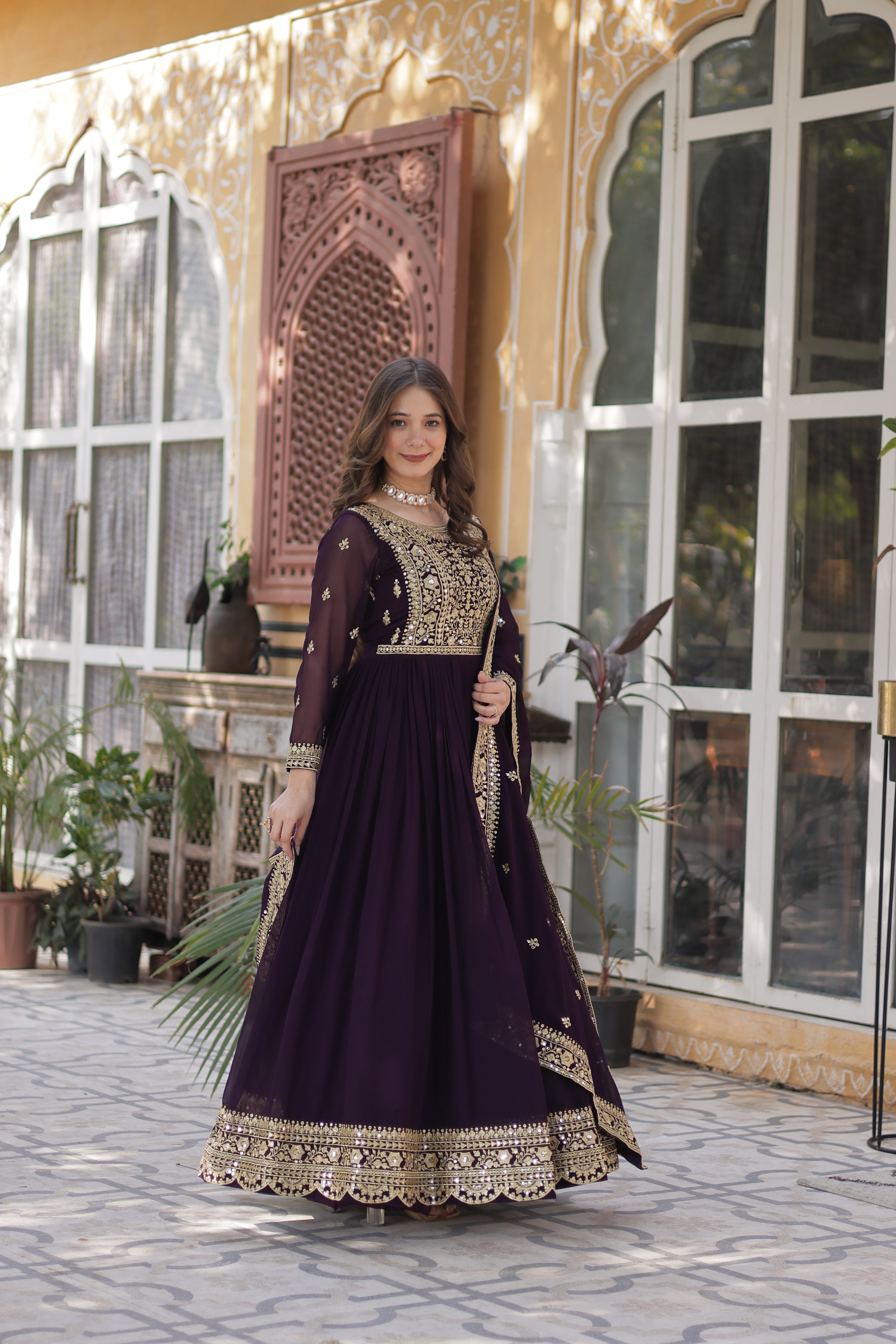 Georgette Zari Work Party Wear Gown With Dupatta